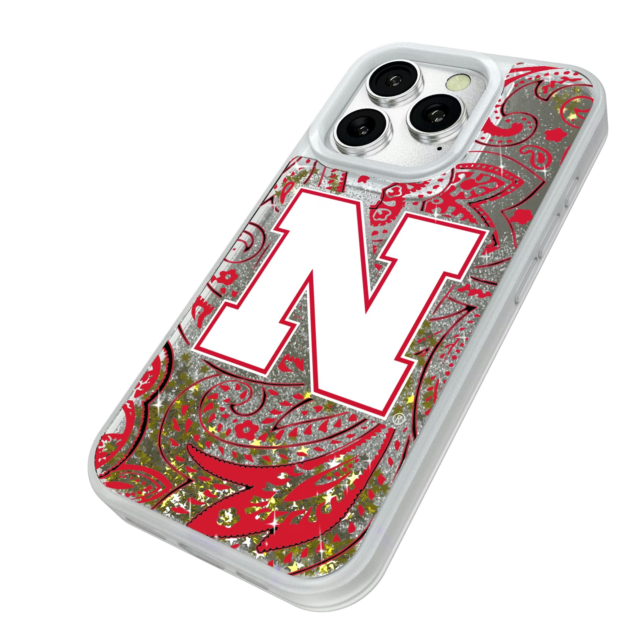 University of Nebraska Huskers Block N Paisley iPhone Glitter Phone Case for Apple iPhone - Isometric View#Device_iPhone 16 Pro