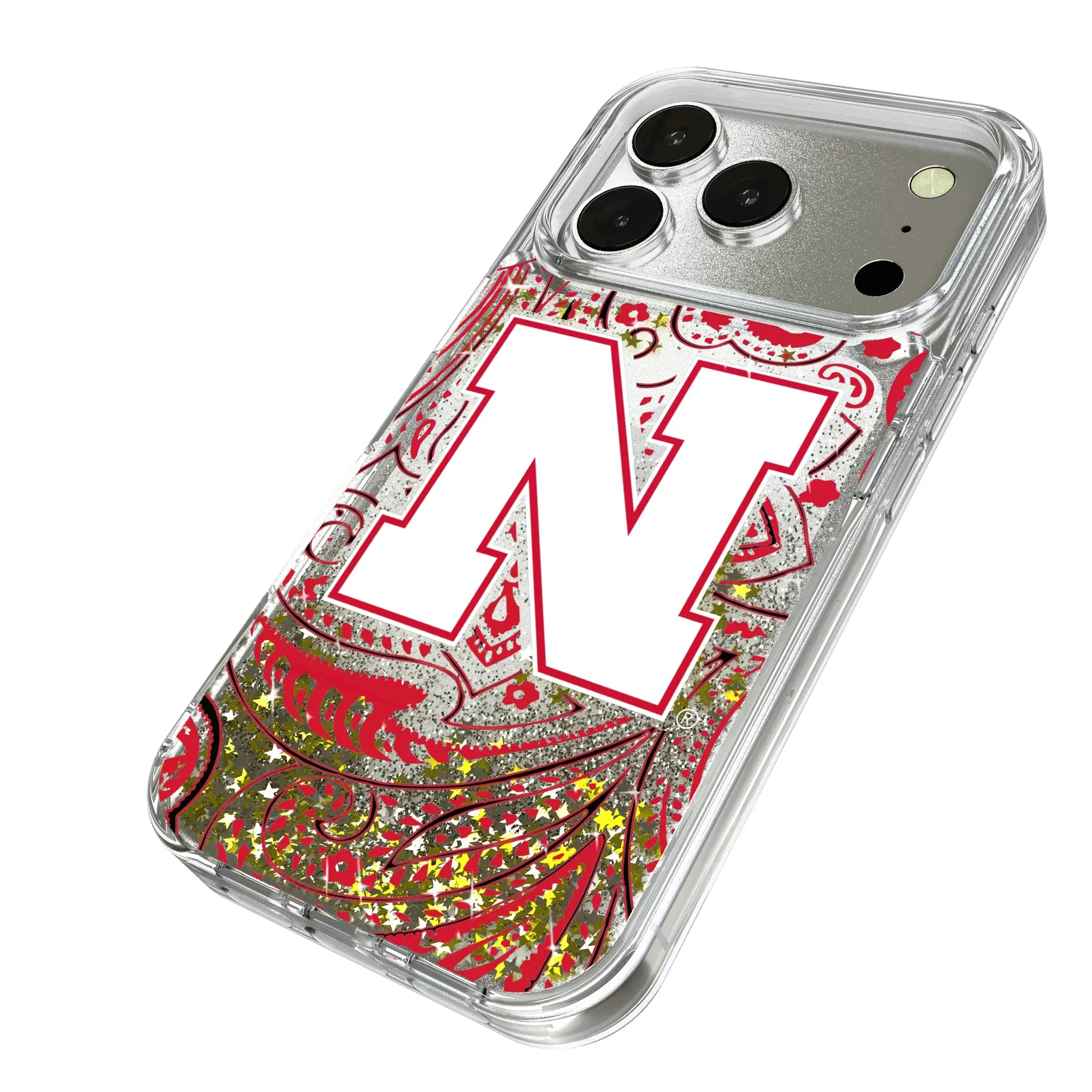 University of Nebraska Huskers Block N Paisley iPhone Glitter Phone Case for Apple iPhone - Isometric View