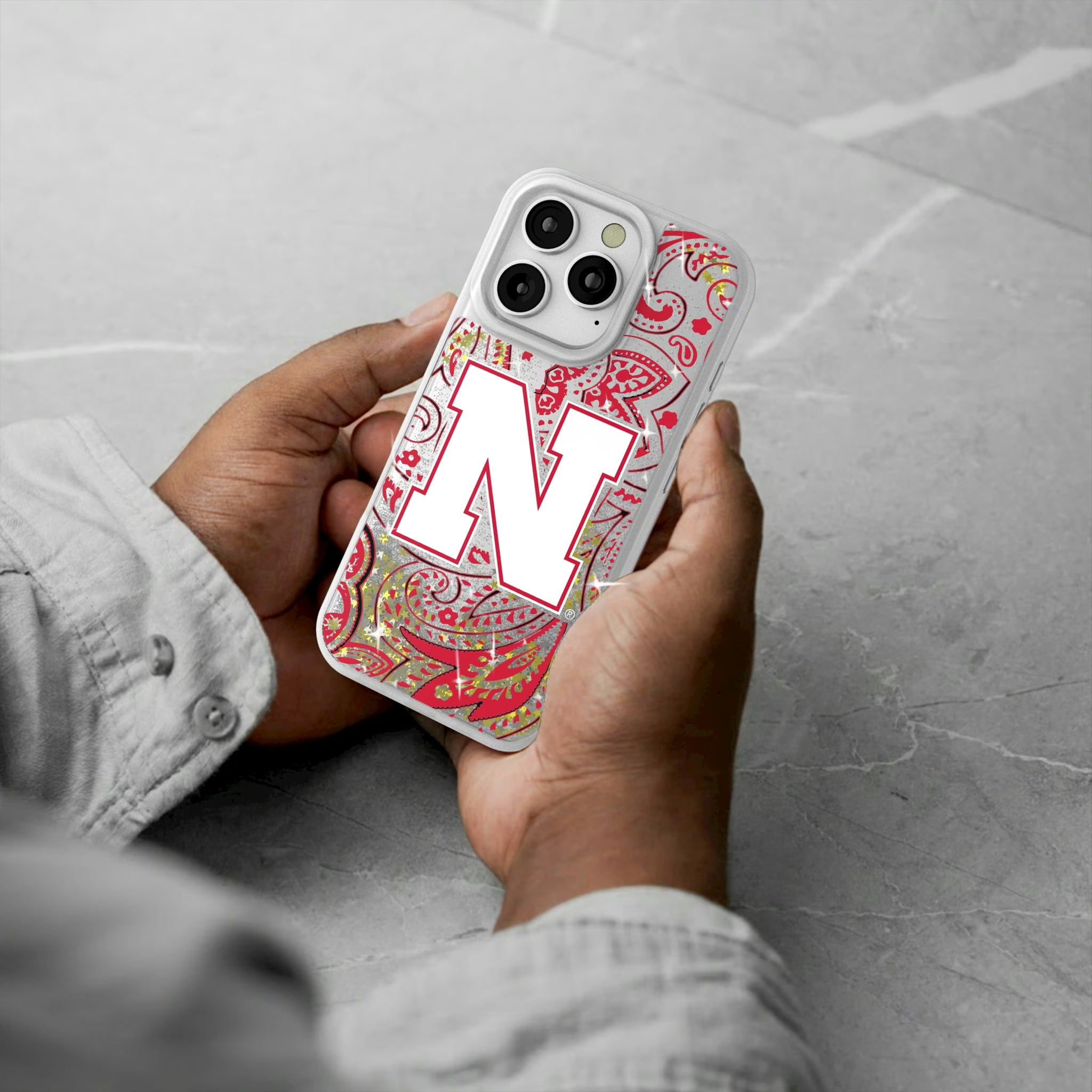 University of Nebraska Huskers Block N Paisley iPhone Glitter Phone Case for Apple iPhone - Lifestyle#Device_iPhone 16 Pro