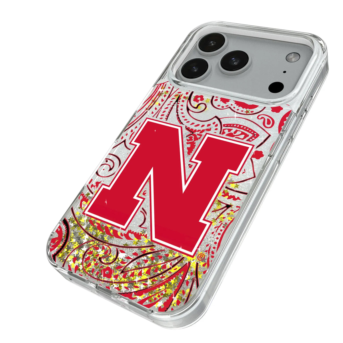 University of Nebraska Huskers Block N Paisley iPhone Glitter Phone Case for Apple iPhone - Isometric View#Device_iPhone 18 Pro