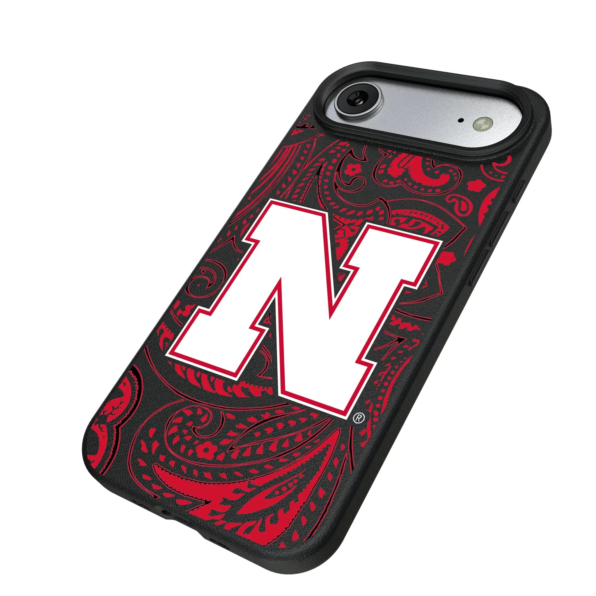 University of Nebraska Huskers Block N Paisley iPhone MagSafe Compatible Phone Case for Apple iPhone - Isometric View#Device_iPhone Air