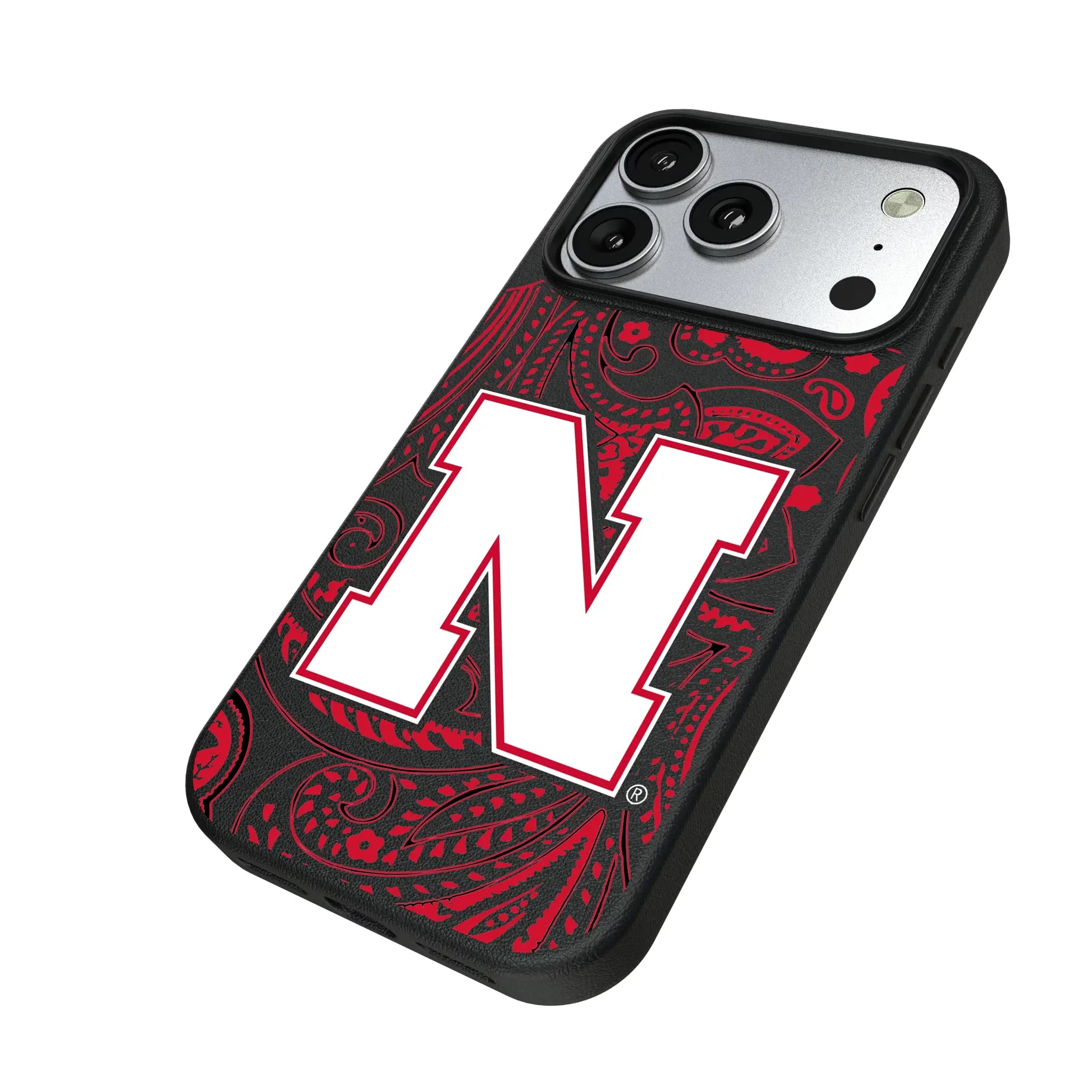 University of Nebraska Huskers Block N Paisley iPhone MagSafe Compatible Phone Case for Apple iPhone - Isometric View#Device_iPhone 17 Pro