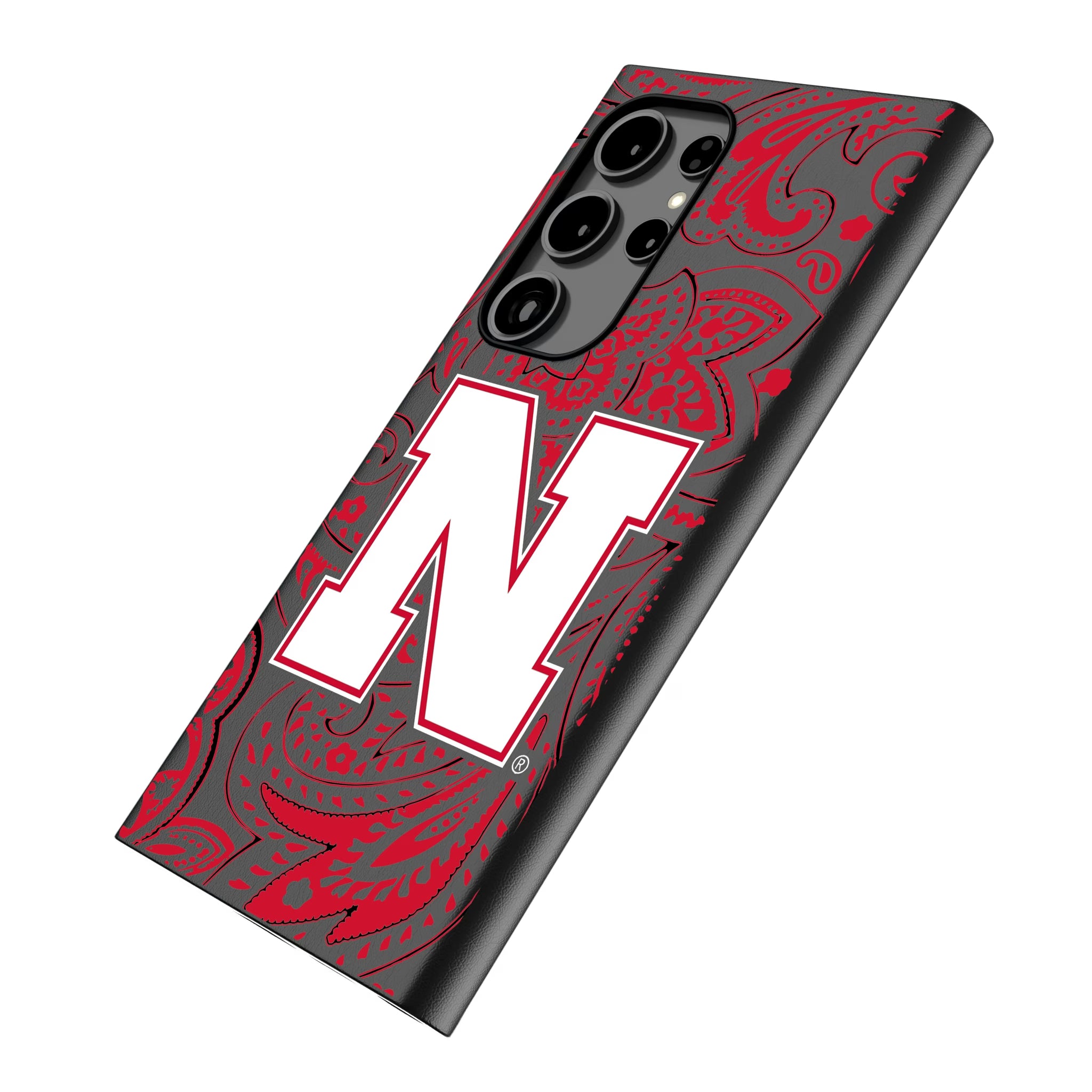 University of Nebraska Huskers Block N Paisley Galaxy MagSafe Compatible Phone Case for Samsung Galaxy - Isometric View
