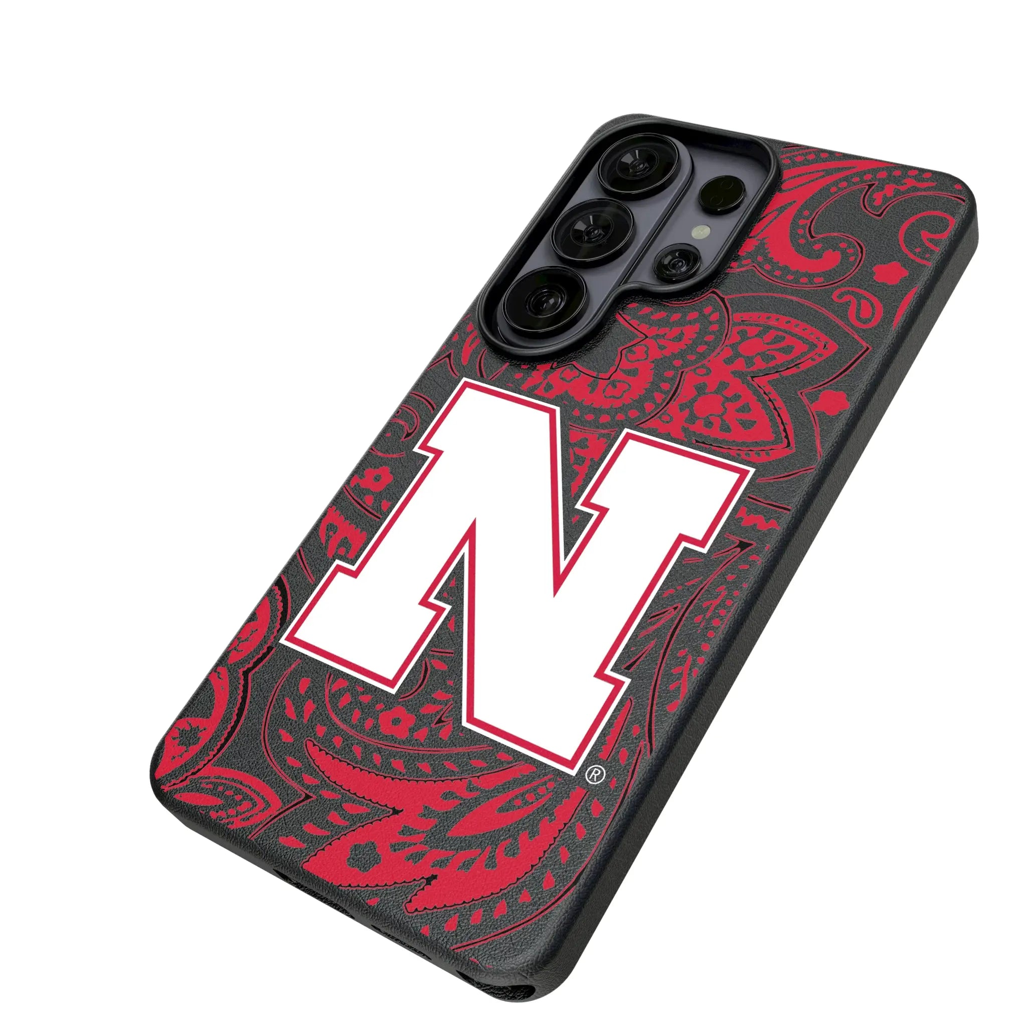 University of Nebraska Huskers Block N Paisley Galaxy MagSafe Compatible Phone Case for Samsung Galaxy - Isometric View#Device_Galaxy S26 Ultra