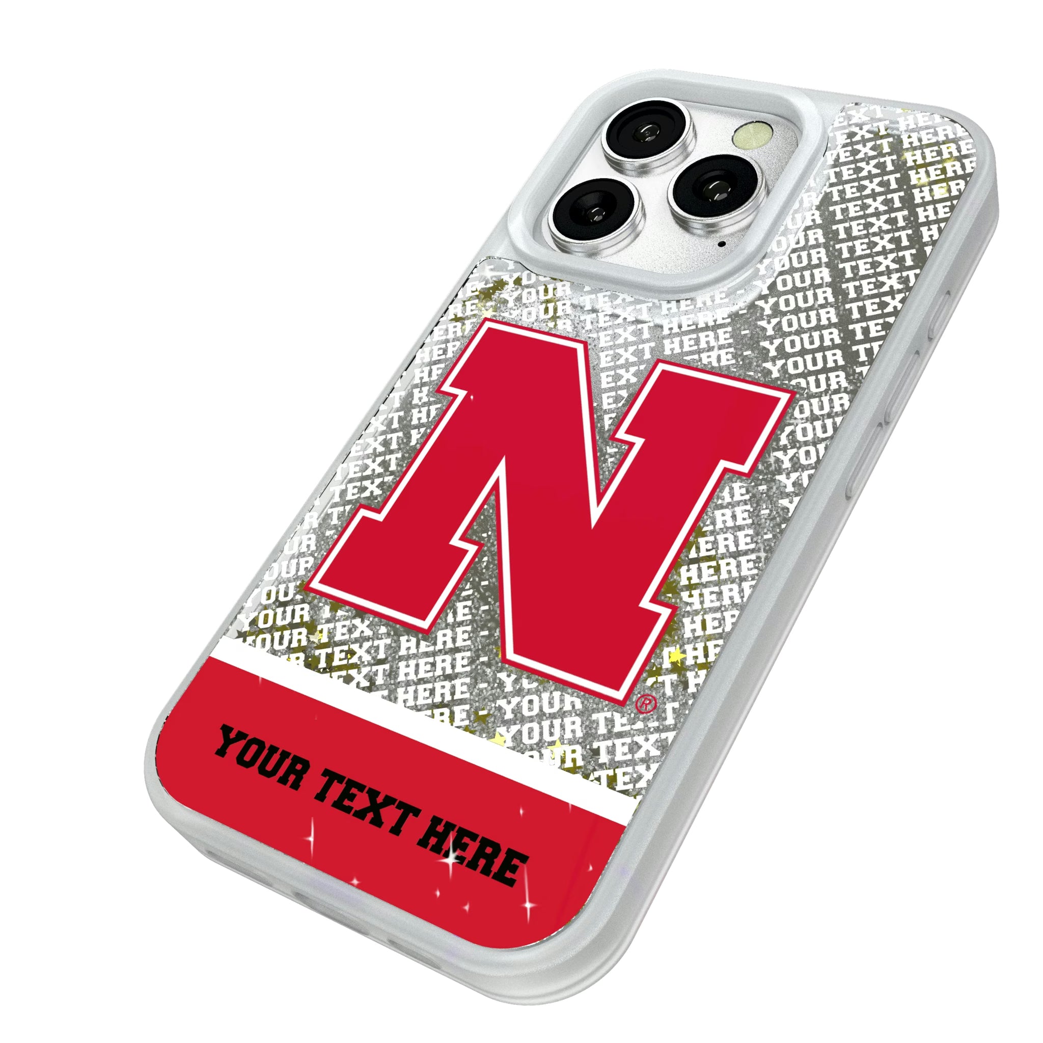 University of Nebraska Huskers Block N Personalized EndZone Plus iPhone Glitter Phone Case for Apple iPhone - Isometric View#Device_iPhone 16 Pro