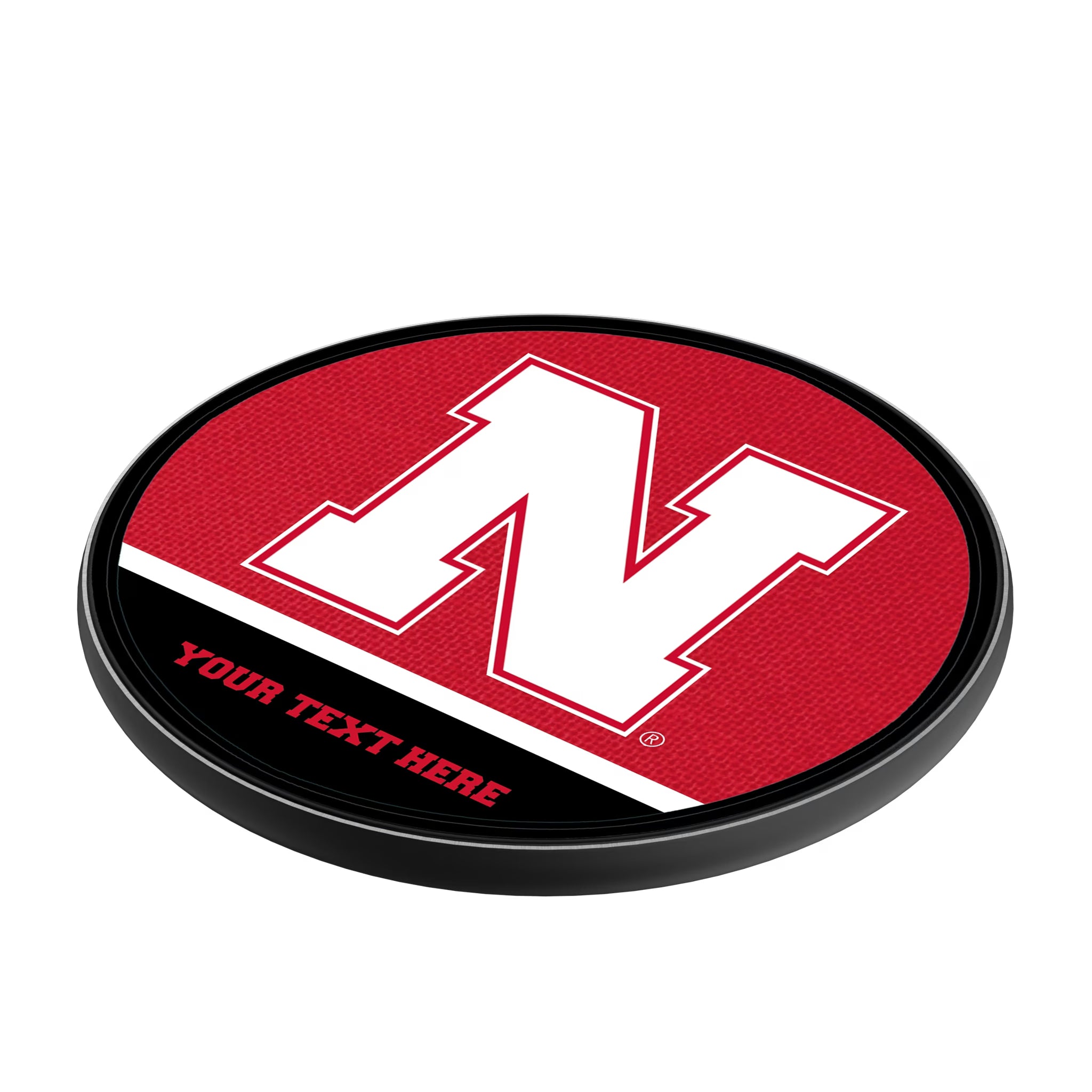 University of Nebraska Huskers Block N Personalized Endzone Solid 15-Watt Wireless Charger - Isometric View