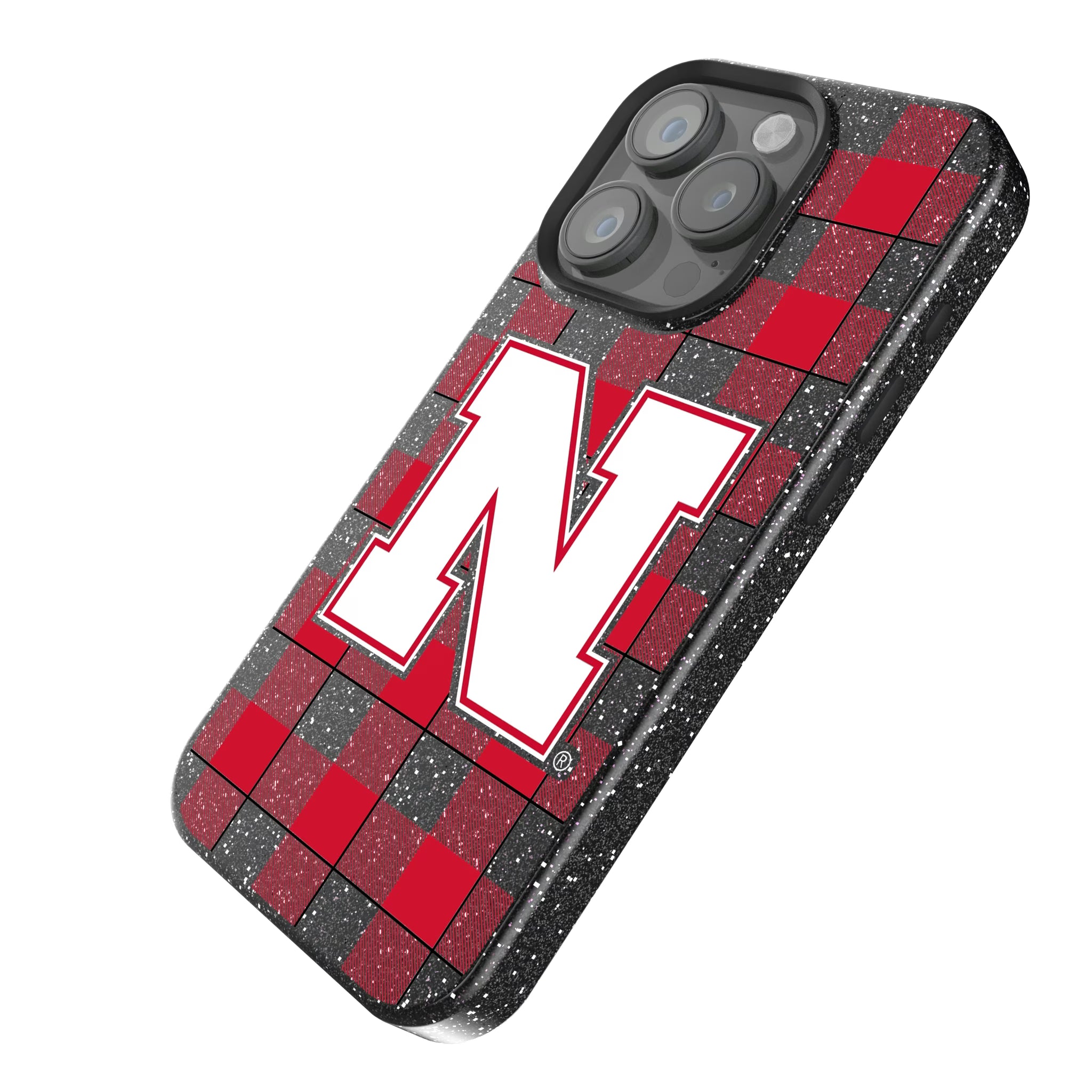 University of Nebraska Huskers Block N Plaid iPhone Bling Phone Case for Apple iPhone - Isometric View
