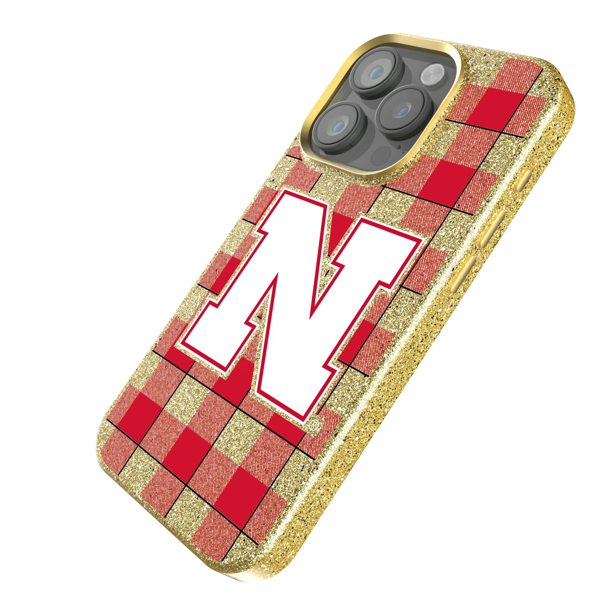University of Nebraska Huskers Block N Plaid iPhone Bling Phone Case for Apple iPhone - Isometric View