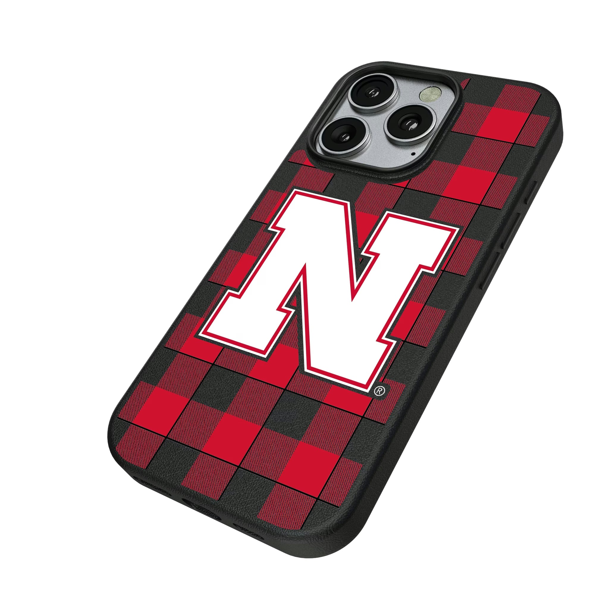 University of Nebraska Huskers Block N Plaid iPhone MagSafe Compatible Phone Case for Apple iPhone - Isometric View