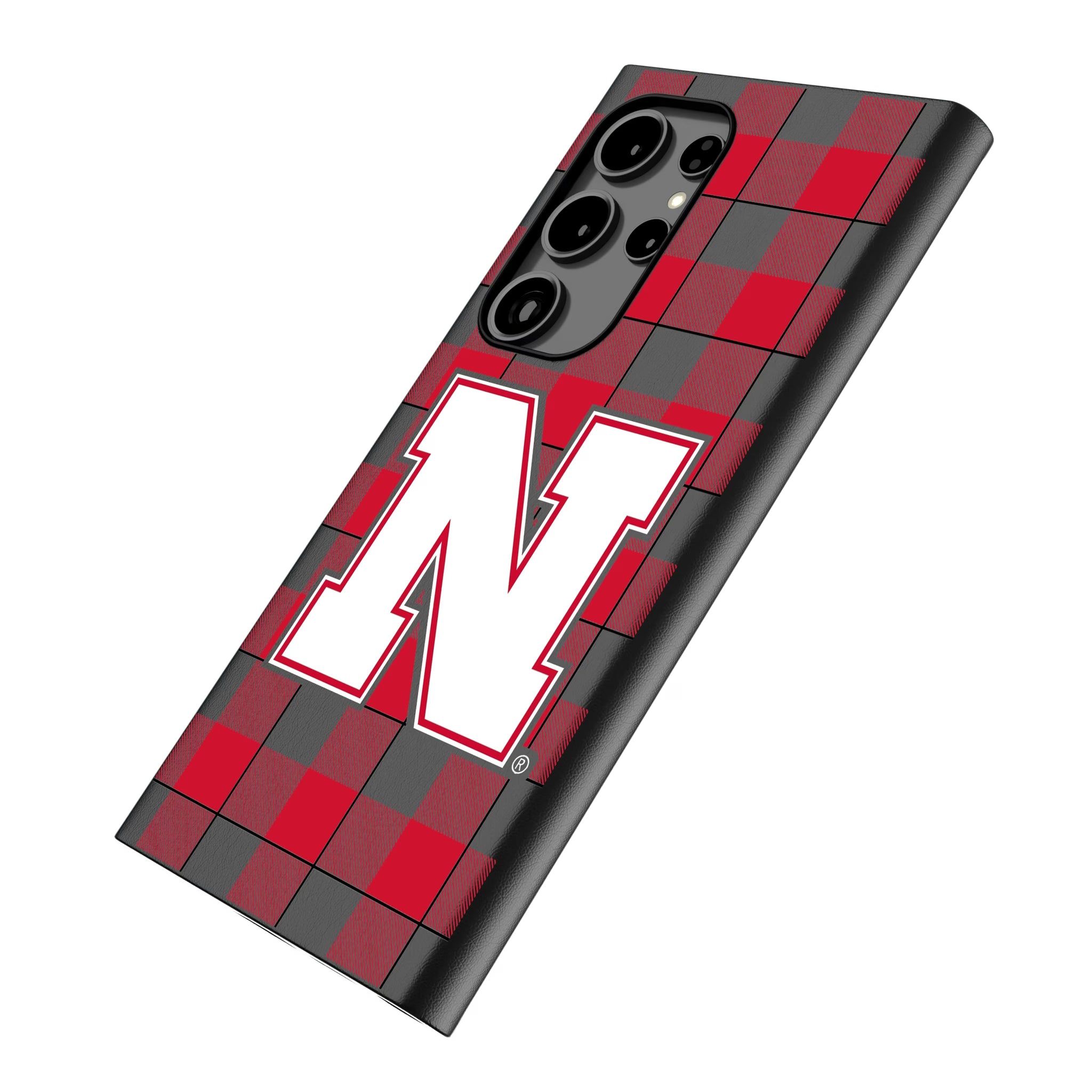 University of Nebraska Huskers Block N Plaid Galaxy MagSafe Compatible Phone Case for Samsung Galaxy - Isometric View