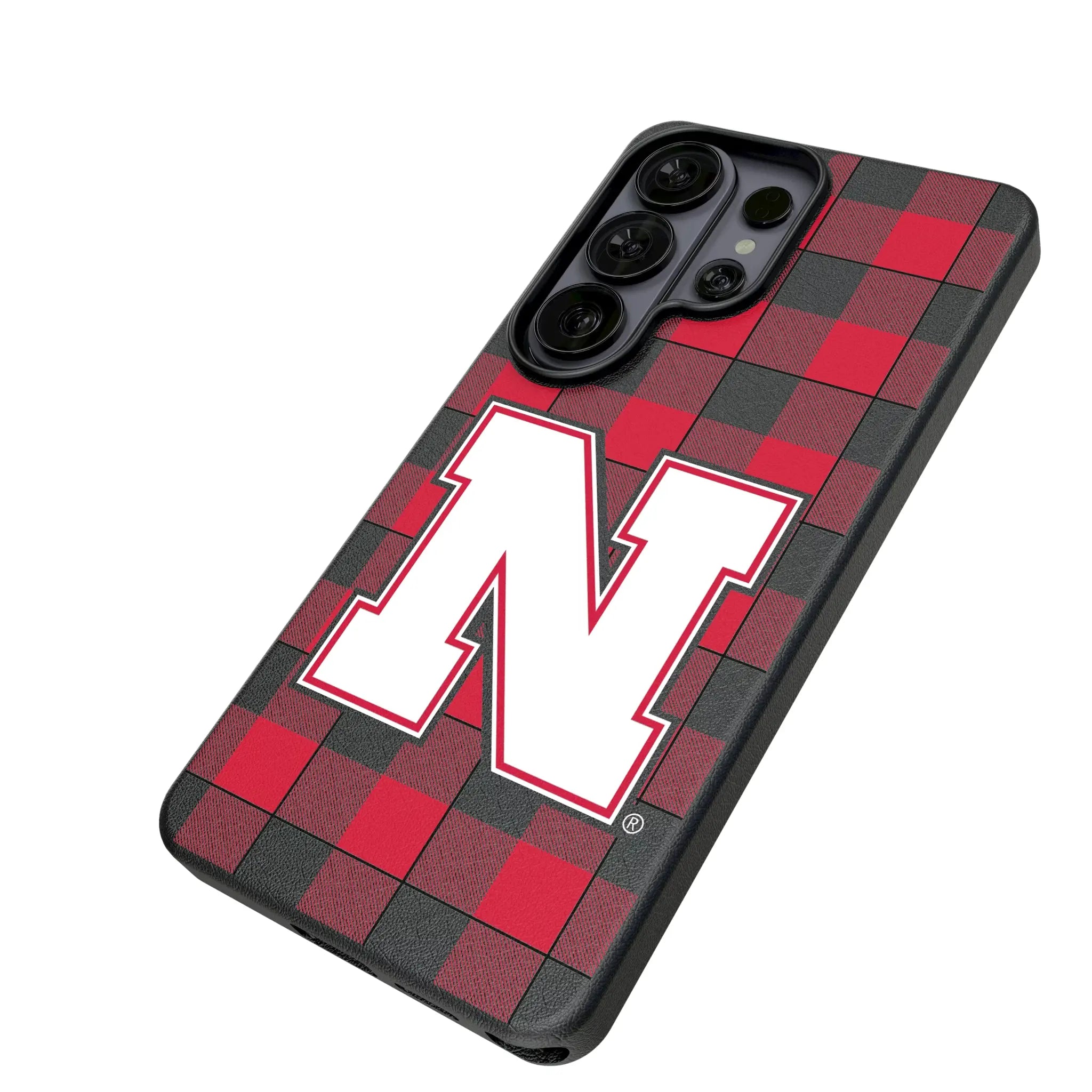University of Nebraska Huskers Block N Plaid Galaxy MagSafe Compatible Phone Case for Samsung Galaxy - Isometric View#Device_Galaxy S26 Ultra