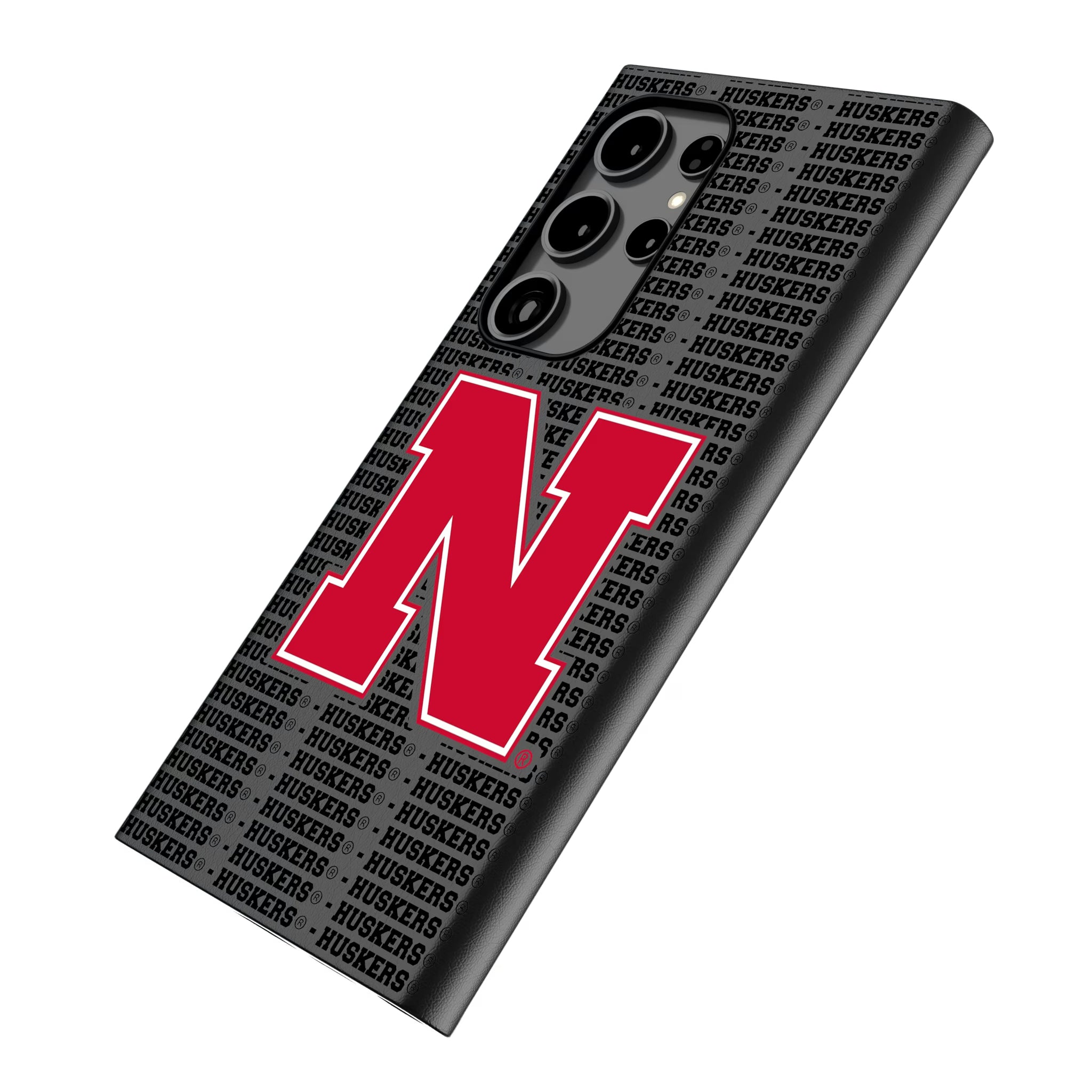 University of Nebraska Huskers Block N Text Backdrop Galaxy MagSafe Compatible Phone Case for Samsung Galaxy - Isometric View