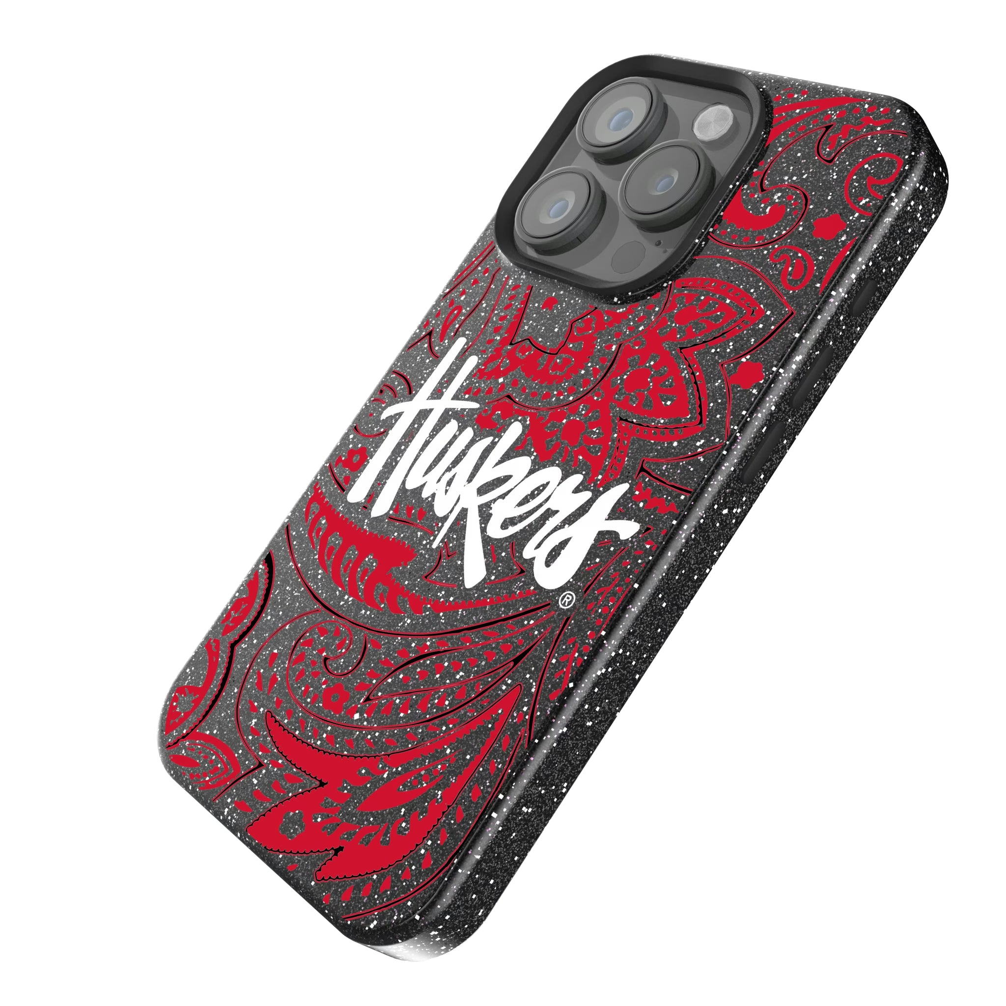 University of Nebraska Huskers Paisley iPhone Bling Phone Case for Apple iPhone - Isometric View