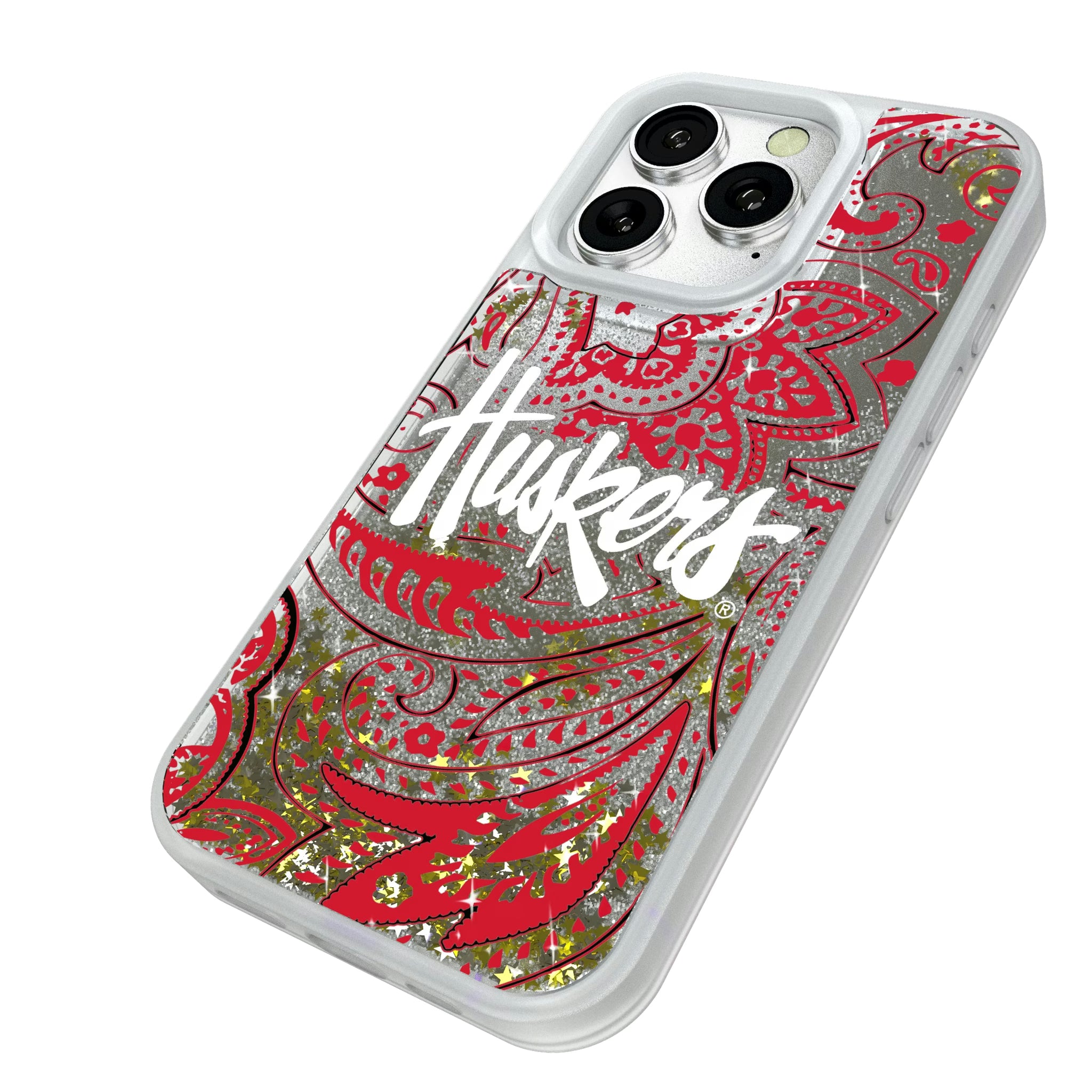 University of Nebraska Huskers Paisley iPhone Glitter Phone Case for Apple iPhone - Isometric View#Device_iPhone 16 Pro