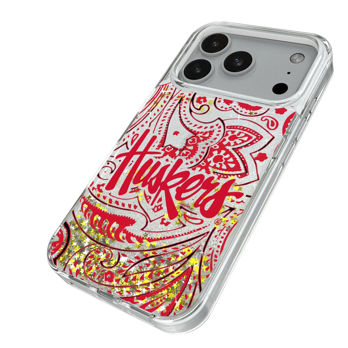 University of Nebraska Huskers Paisley iPhone Glitter Phone Case for Apple iPhone - Isometric View#Device_iPhone 18 Pro