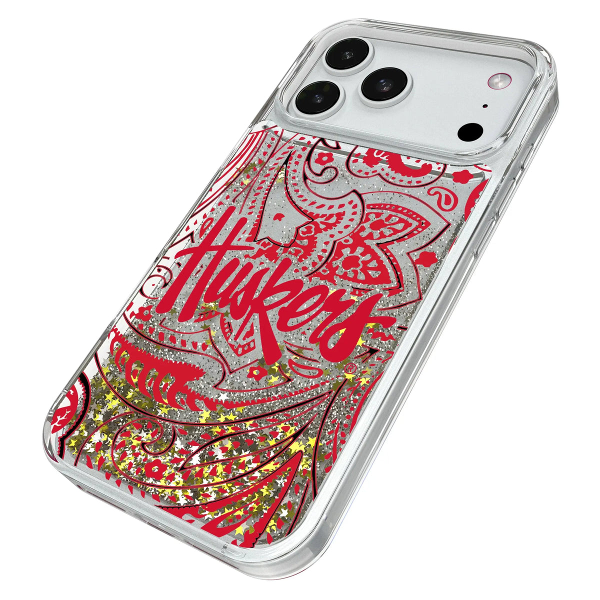 University of Nebraska Huskers Paisley iPhone Glitter Phone Case for Apple iPhone - Isometric View#Device_iPhone 18 Pro Max