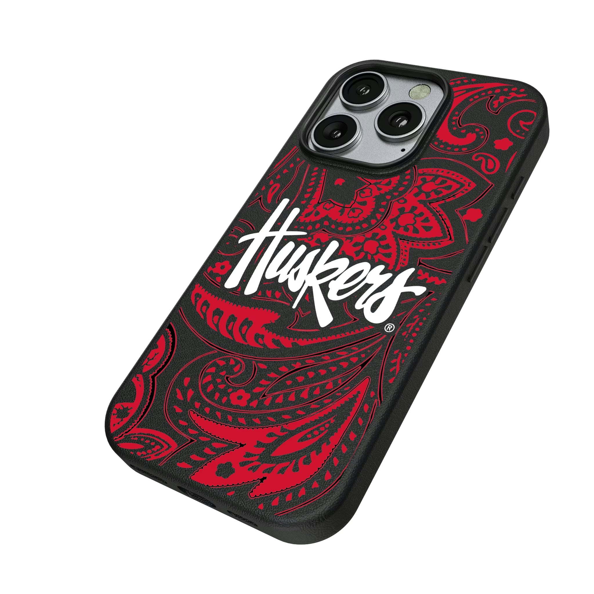 University of Nebraska Huskers Paisley iPhone MagSafe Compatible Phone Case for Apple iPhone - Isometric View