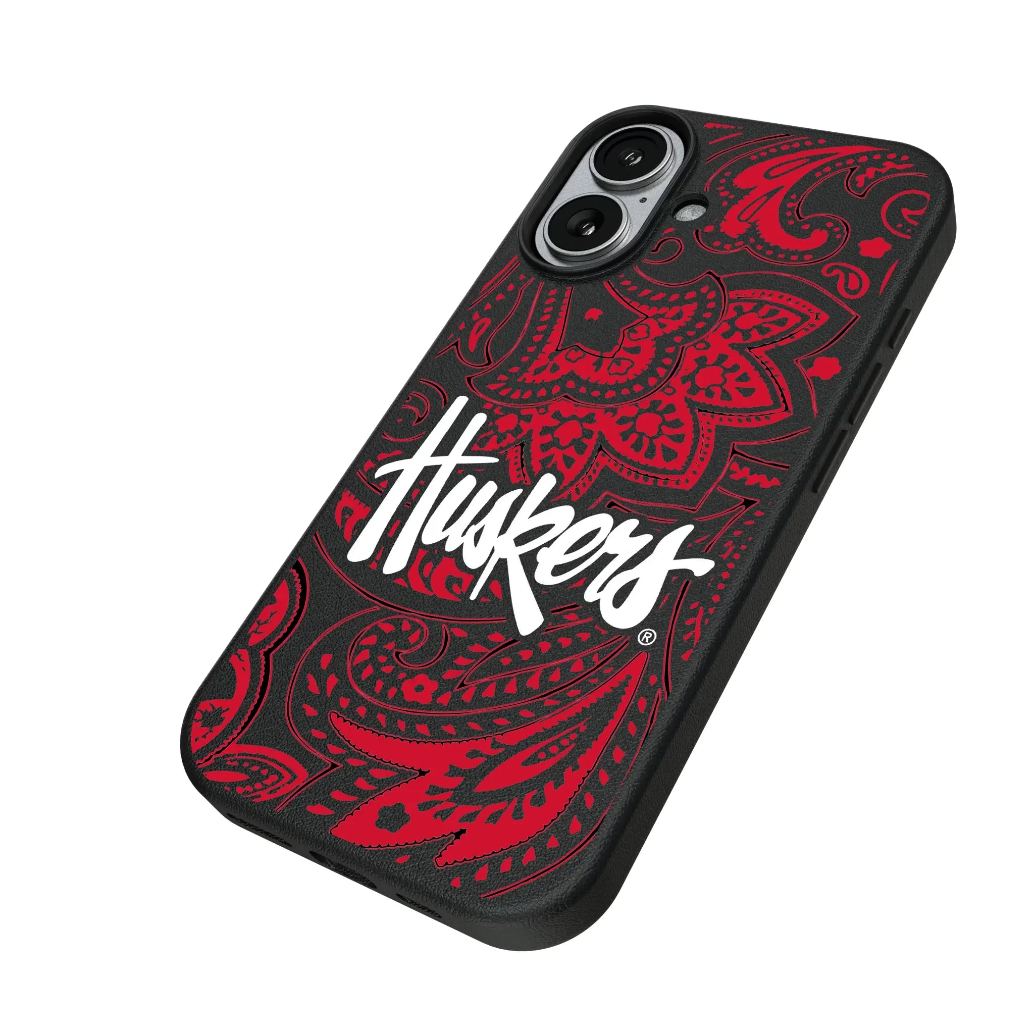 University of Nebraska Huskers Paisley iPhone MagSafe Compatible Phone Case for Apple iPhone - Isometric View#Device_iPhone 17