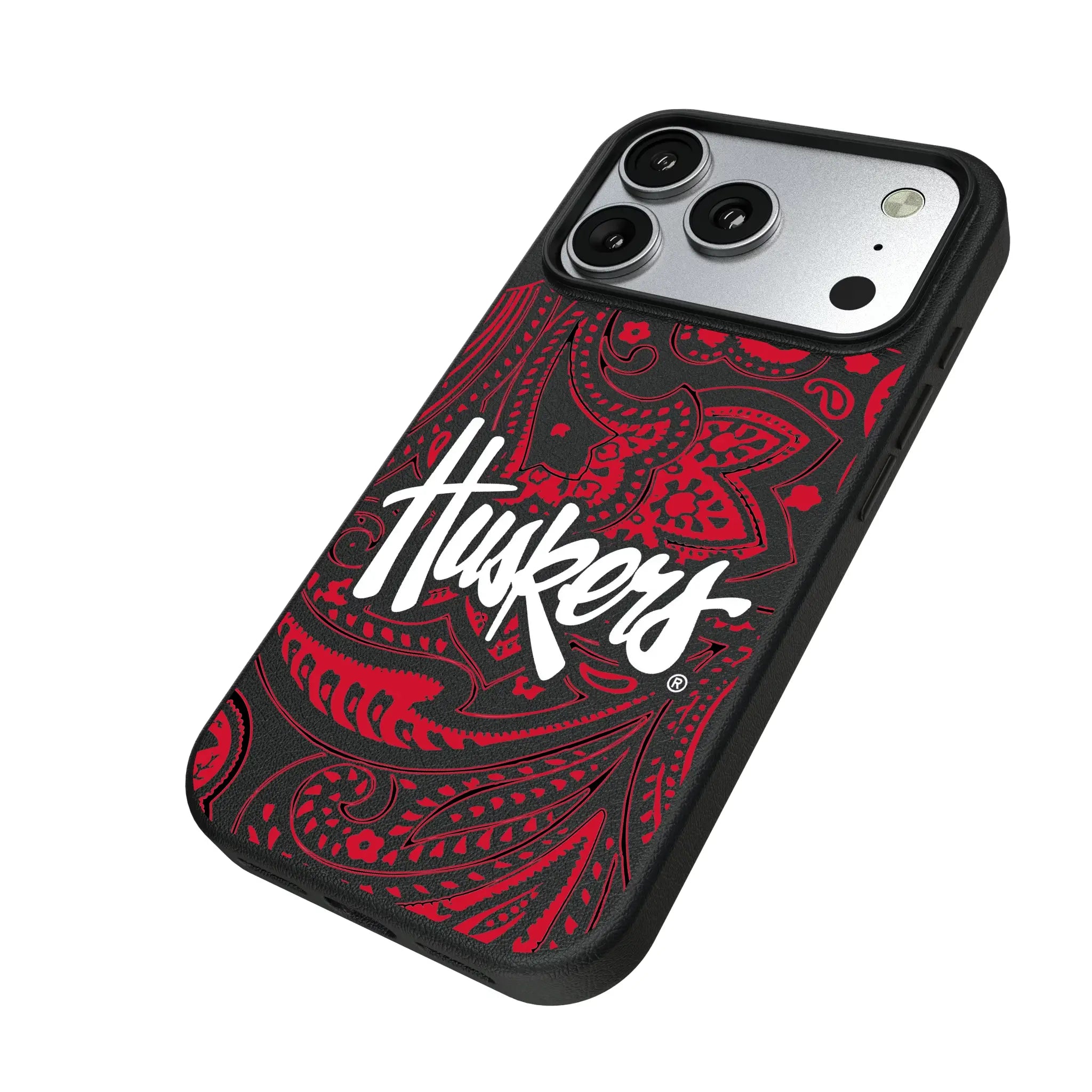 University of Nebraska Huskers Paisley iPhone MagSafe Compatible Phone Case for Apple iPhone - Isometric View#Device_iPhone 17 Pro