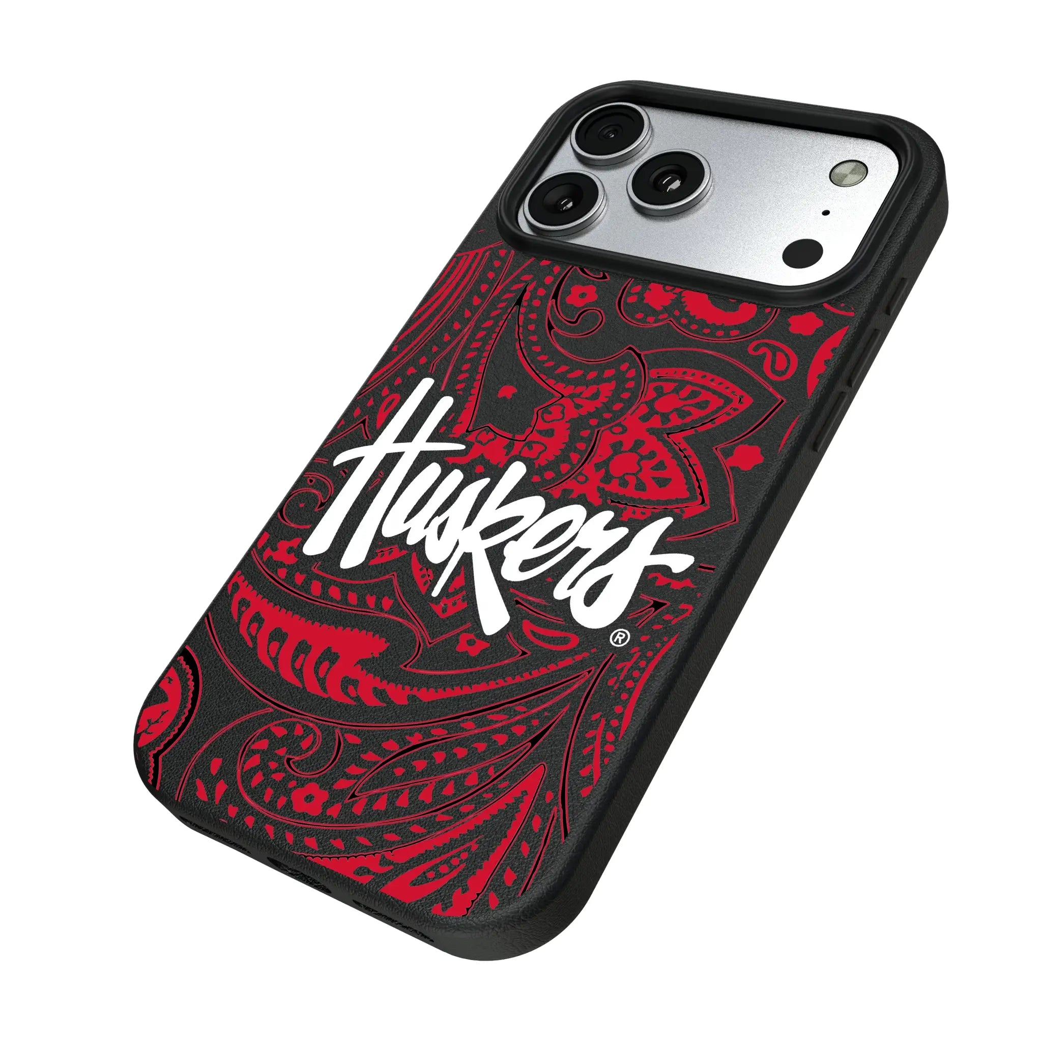 University of Nebraska Huskers Paisley iPhone MagSafe Compatible Phone Case for Apple iPhone - Isometric View#Device_iPhone 17 Pro Max