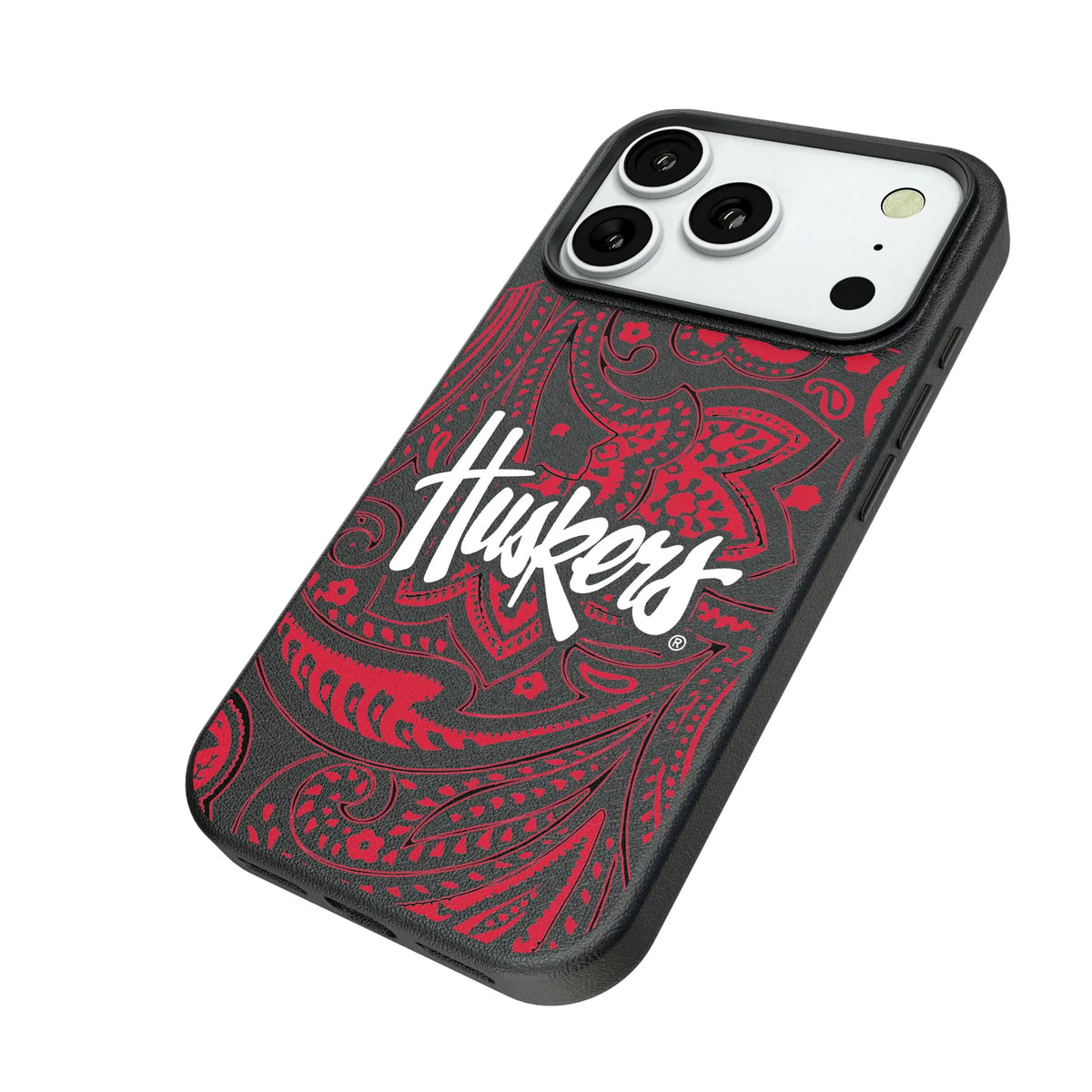 University of Nebraska Huskers Paisley iPhone MagSafe Compatible Phone Case for Apple iPhone - Isometric View#Device_iPhone 18 Pro