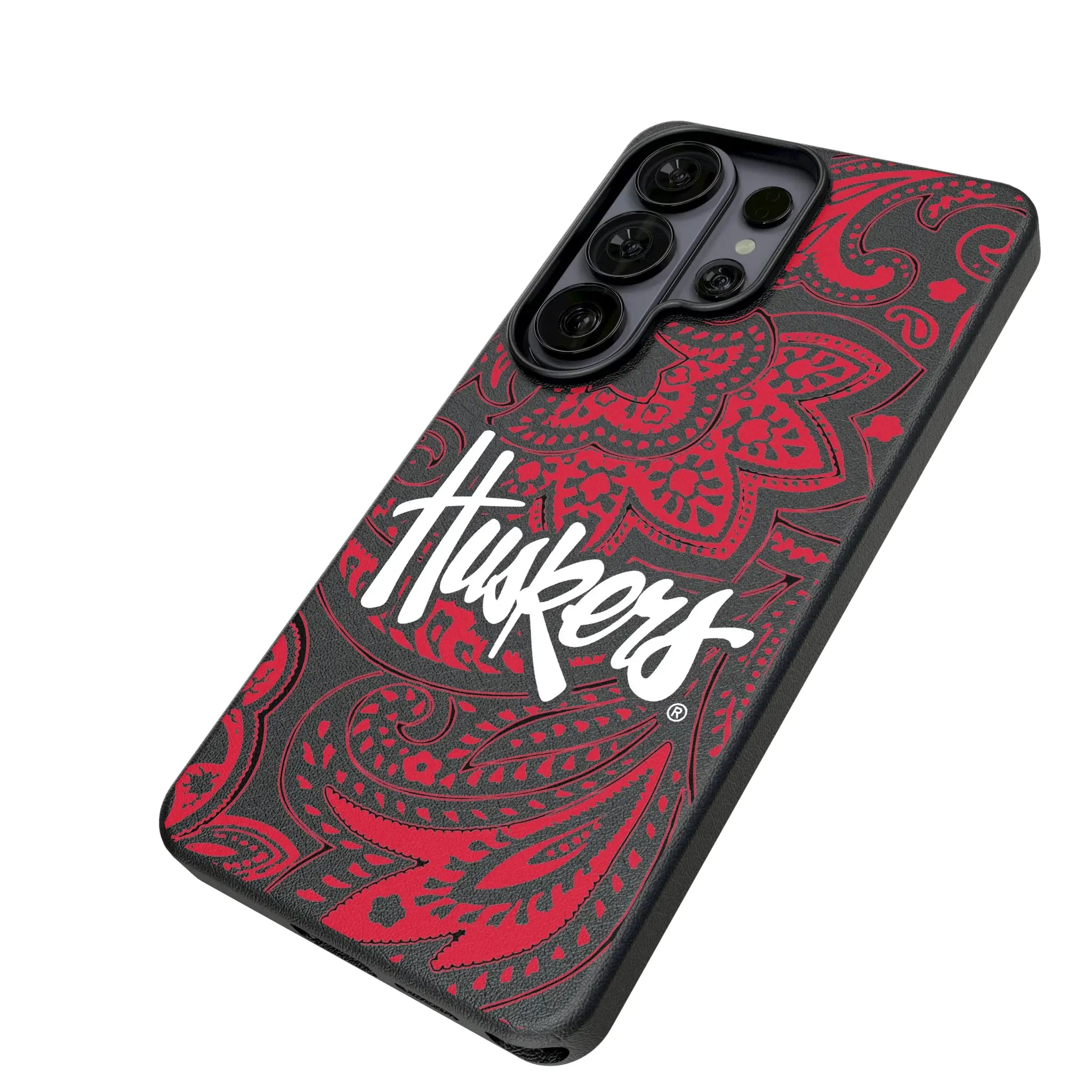 University of Nebraska Huskers Paisley Galaxy MagSafe Compatible Phone Case for Samsung Galaxy - Isometric View#Device_Galaxy S26 Ultra