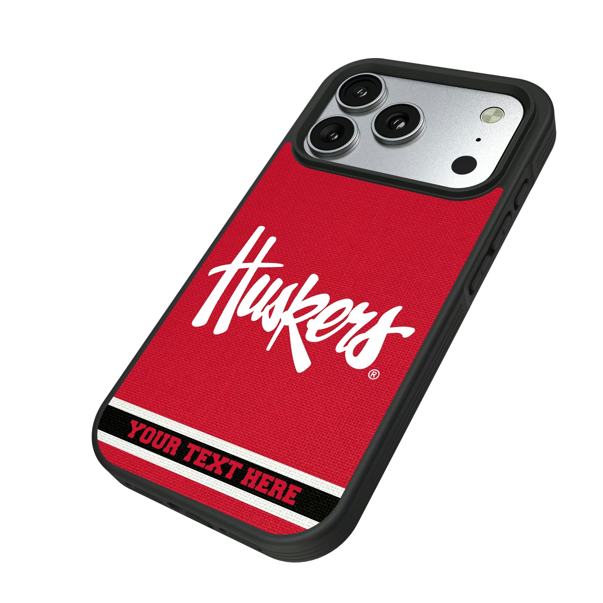 University of Nebraska Huskers Personalized Stripe iPhone Bump Phone Case for Apple iPhone - Isometric View#Device_iPhone 17 Pro