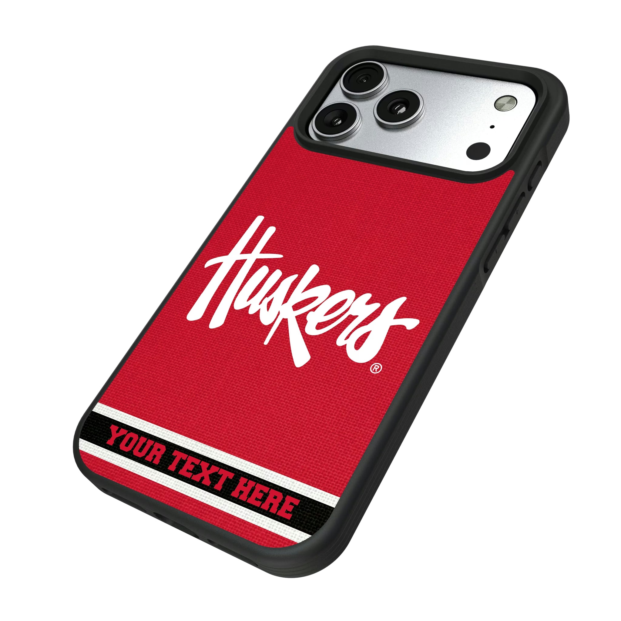 University of Nebraska Huskers Personalized Stripe iPhone Bump Phone Case for Apple iPhone - Isometric View#Device_iPhone 17 Pro Max