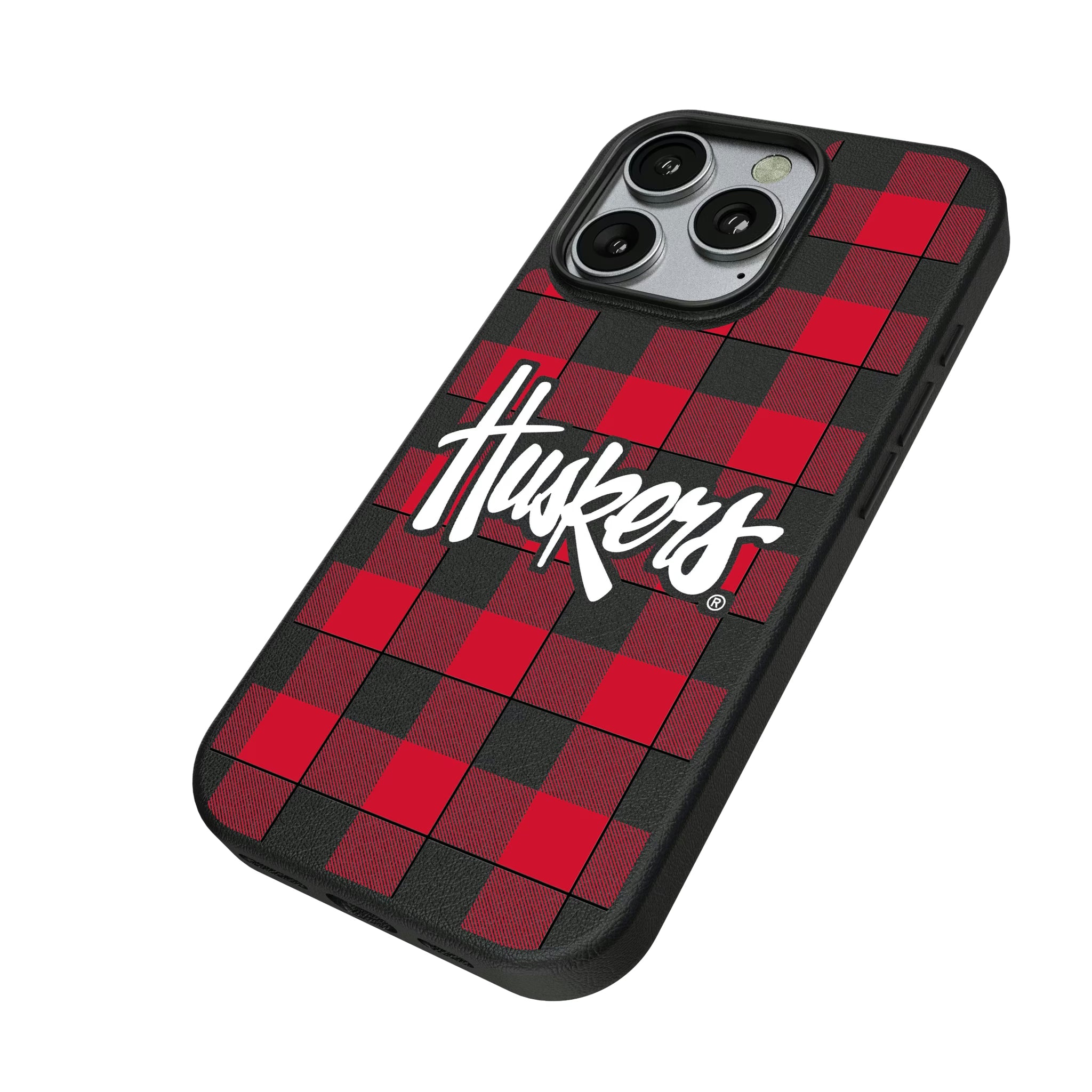 University of Nebraska Huskers Plaid iPhone MagSafe Compatible Phone Case for Apple iPhone - Isometric View