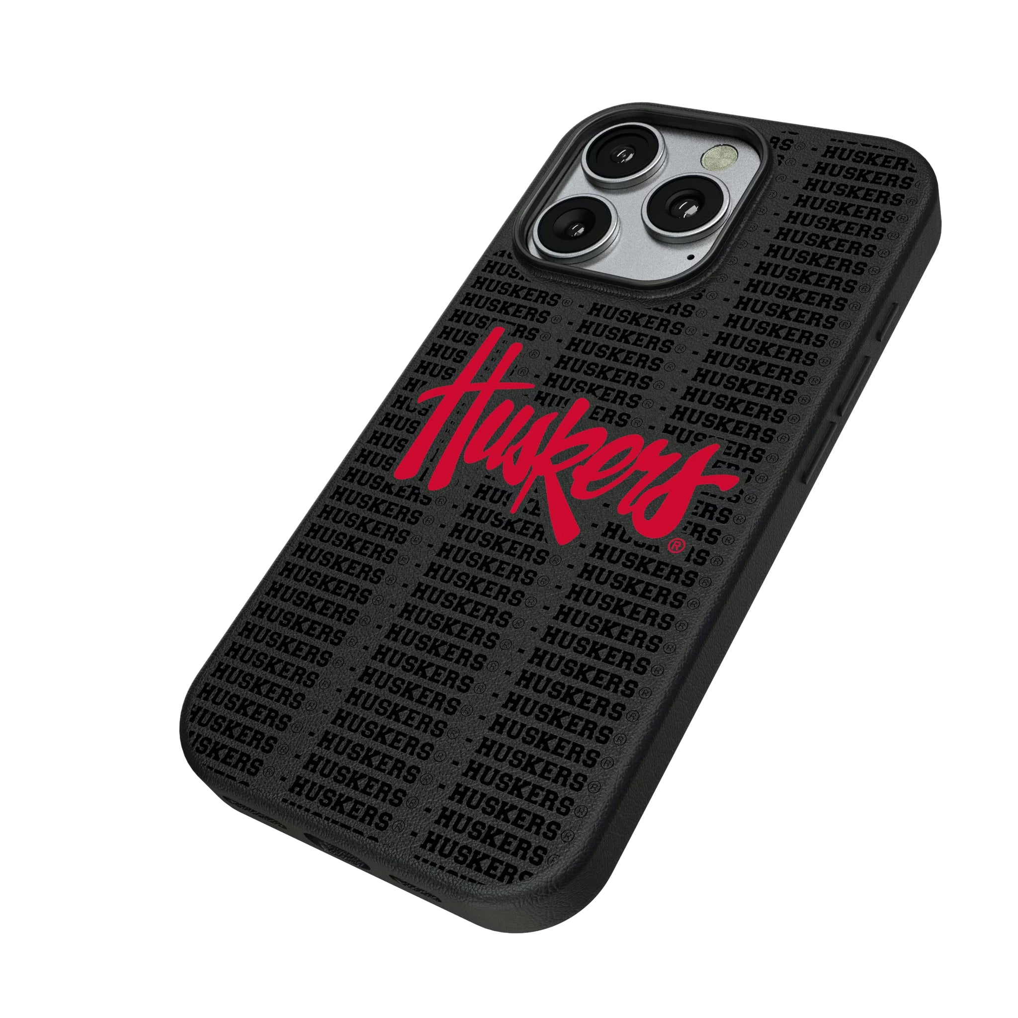 University of Nebraska Huskers Text Backdrop iPhone MagSafe Compatible Phone Case for Apple iPhone - Isometric View