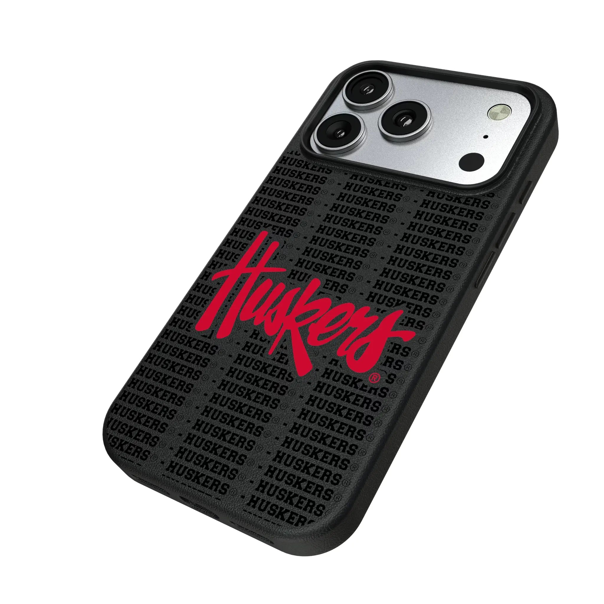 University of Nebraska Huskers Text Backdrop iPhone MagSafe Compatible Phone Case for Apple iPhone - Isometric View#Device_iPhone 17 Pro