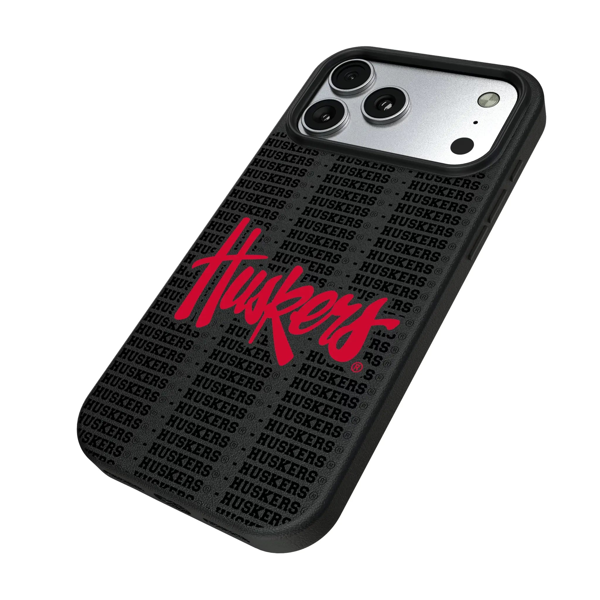 University of Nebraska Huskers Text Backdrop iPhone MagSafe Compatible Phone Case for Apple iPhone - Isometric View#Device_iPhone 17 Pro Max