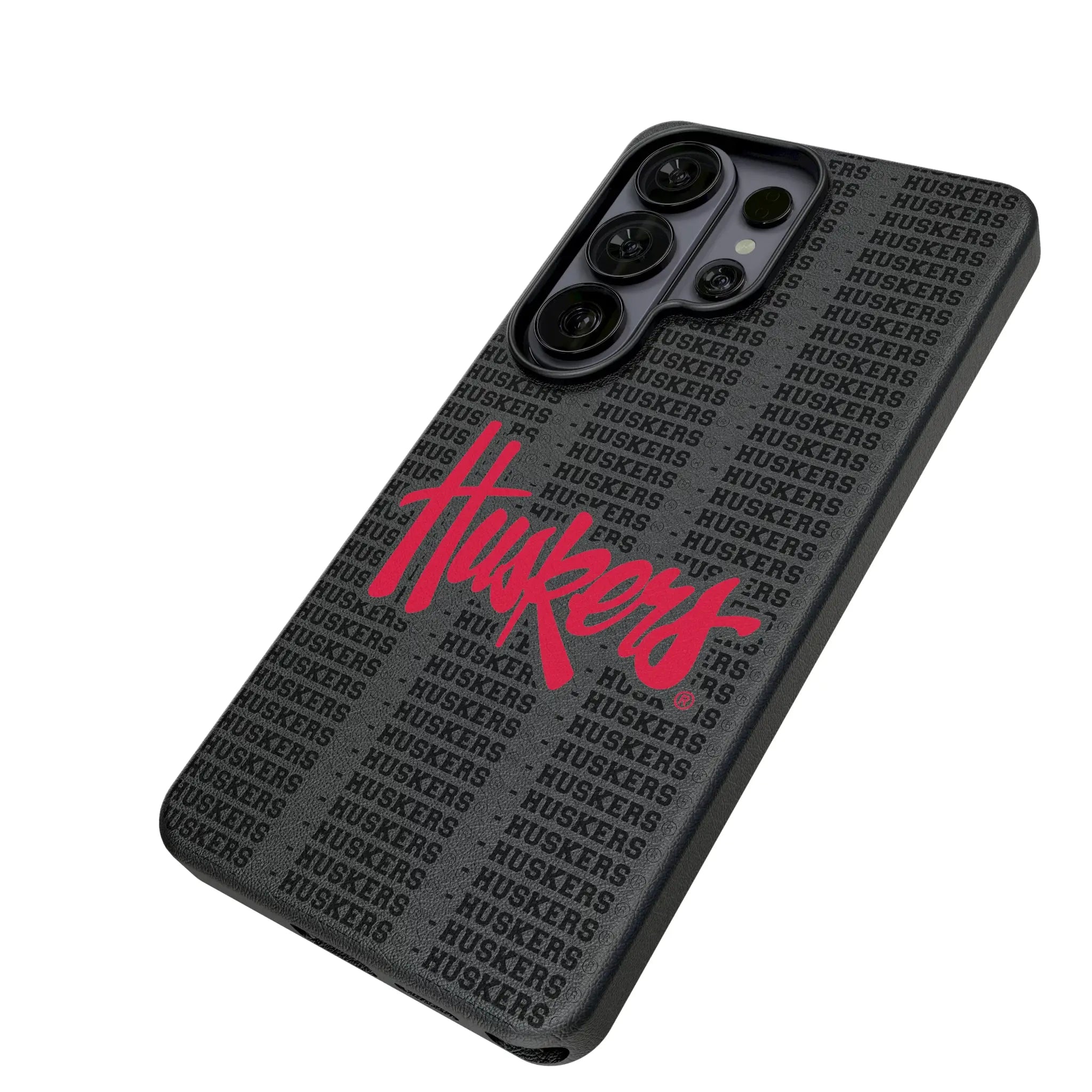 University of Nebraska Huskers Text Backdrop Galaxy MagSafe Compatible Phone Case for Samsung Galaxy - Isometric View#Device_Galaxy S26 Ultra