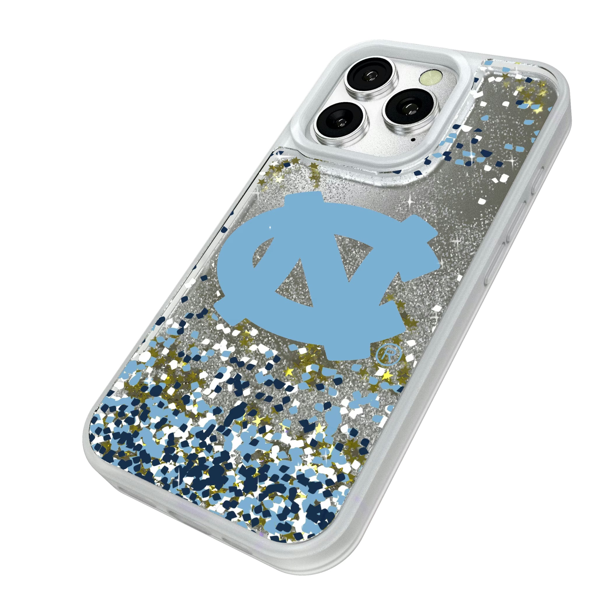 University of North Carolina Tar Heels Confetti iPhone Glitter Phone Case for Apple iPhone - Isometric View#Device_iPhone 16 Pro