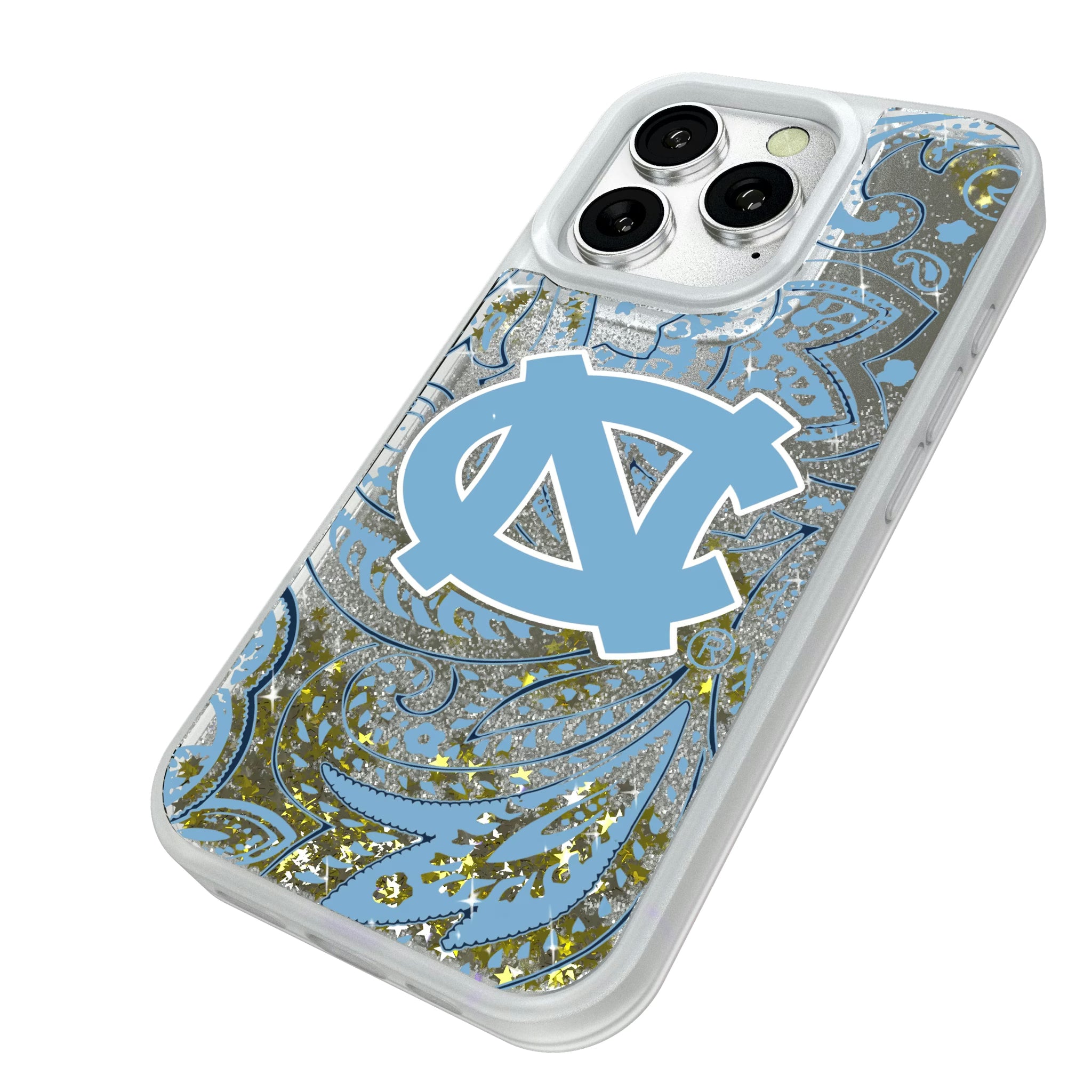 University of North Carolina Tar Heels Paisley iPhone Glitter Phone Case for Apple iPhone - Isometric View#Device_iPhone 16 Pro