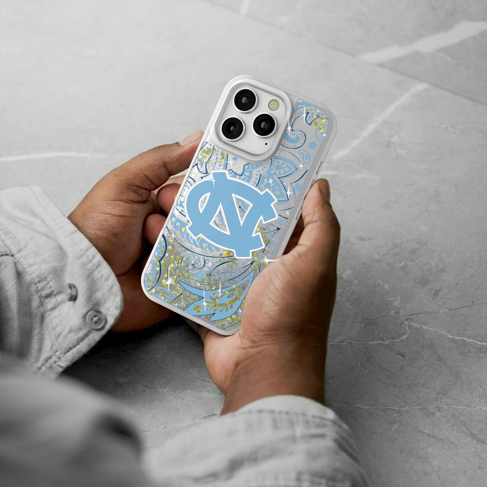 University of North Carolina Tar Heels Paisley iPhone Glitter Phone Case for Apple iPhone - Lifestyle#Device_iPhone 16 Pro