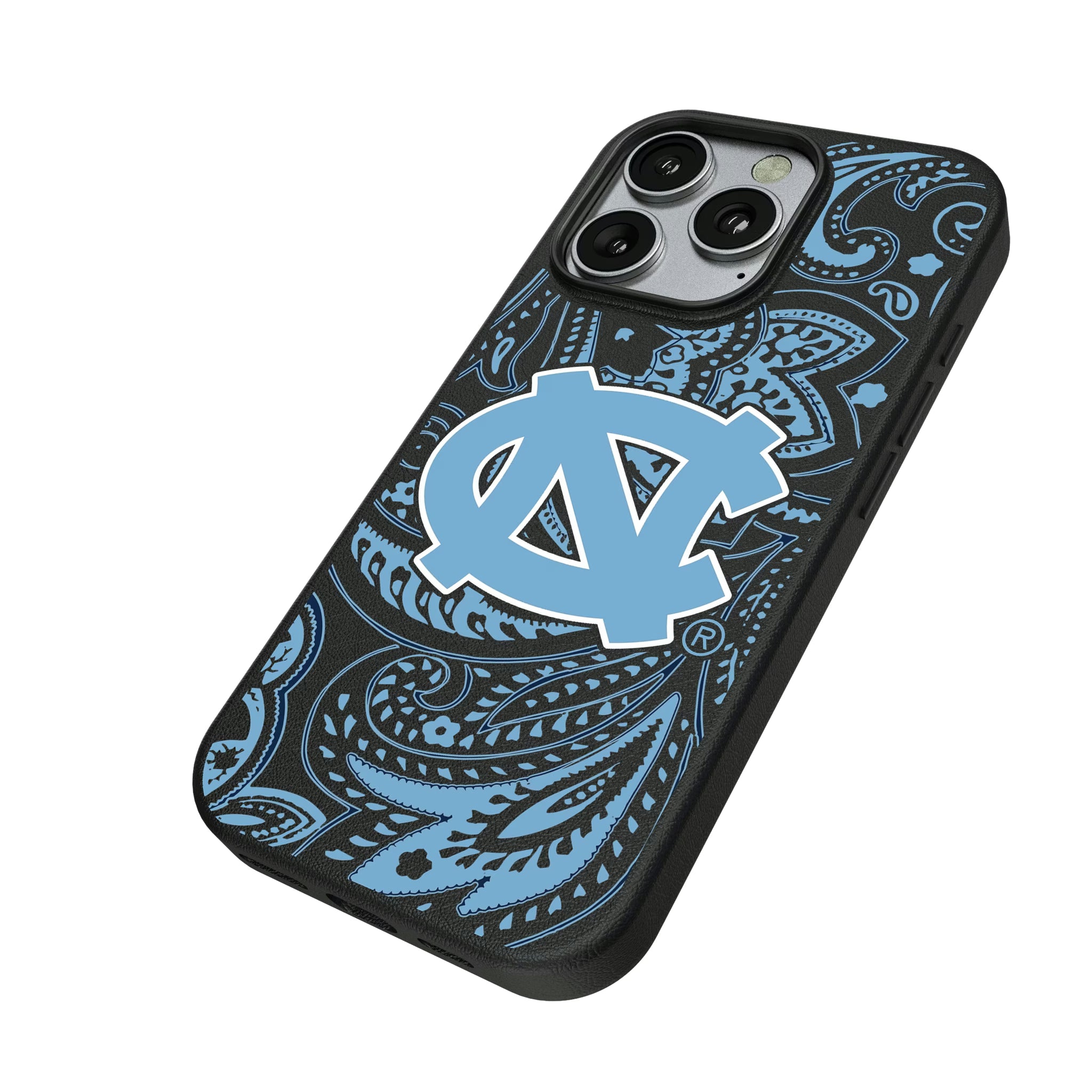 University of North Carolina Tar Heels Paisley iPhone MagSafe Compatible Phone Case for Apple iPhone - Isometric View