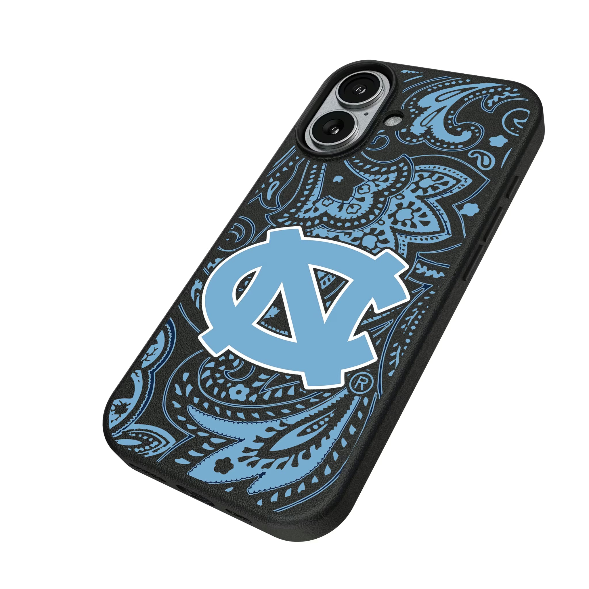 University of North Carolina Tar Heels Paisley iPhone MagSafe Compatible Phone Case for Apple iPhone - Isometric View#Device_iPhone 17