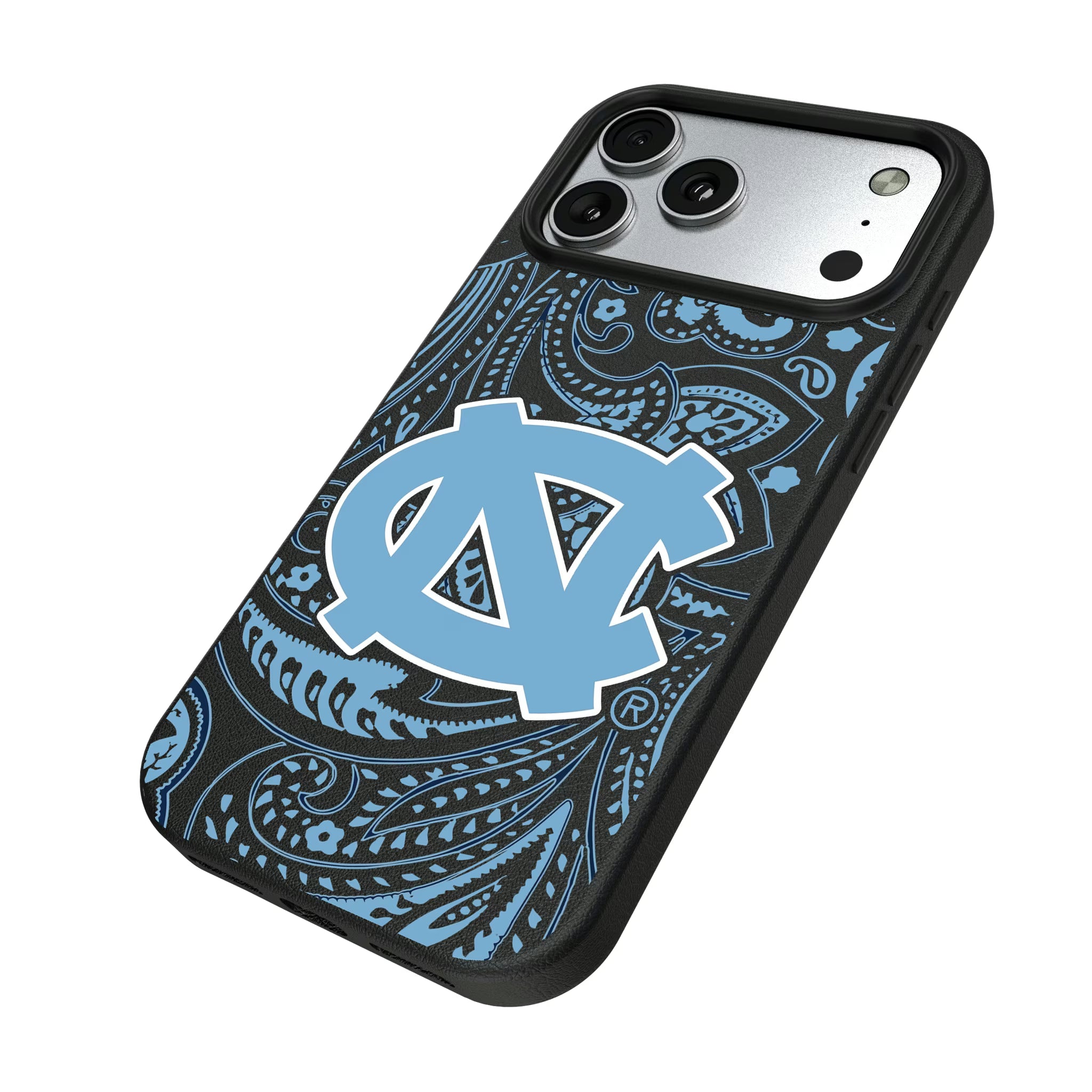 University of North Carolina Tar Heels Paisley iPhone MagSafe Compatible Phone Case for Apple iPhone - Isometric View#Device_iPhone 17 Pro Max