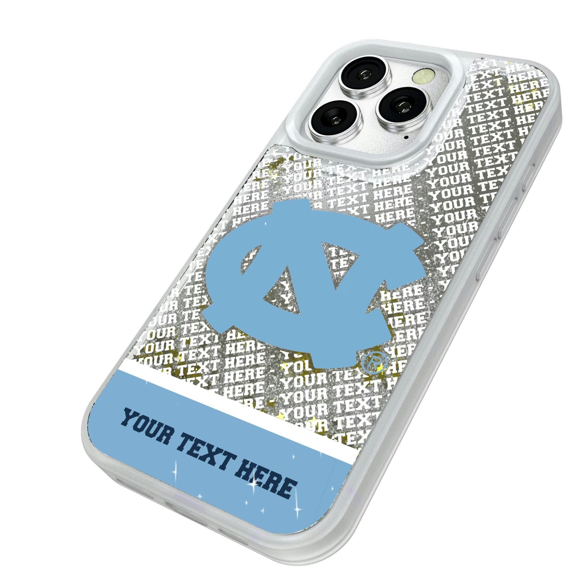 University of North Carolina Tar Heels Personalized EndZone Plus iPhone Glitter Phone Case for Apple iPhone - Isometric View#Device_iPhone 16 Pro