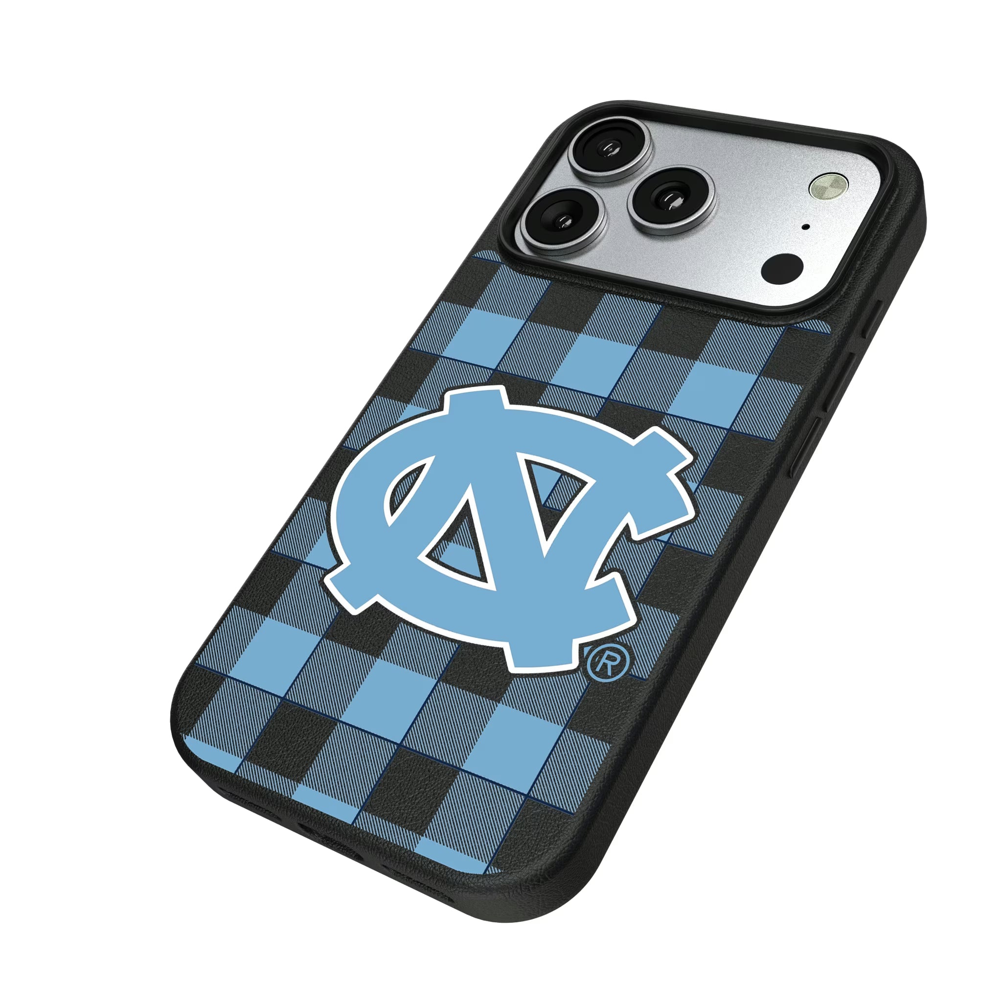 University of North Carolina Tar Heels Plaid iPhone MagSafe Compatible Phone Case for Apple iPhone - Isometric View#Device_iPhone 17 Pro