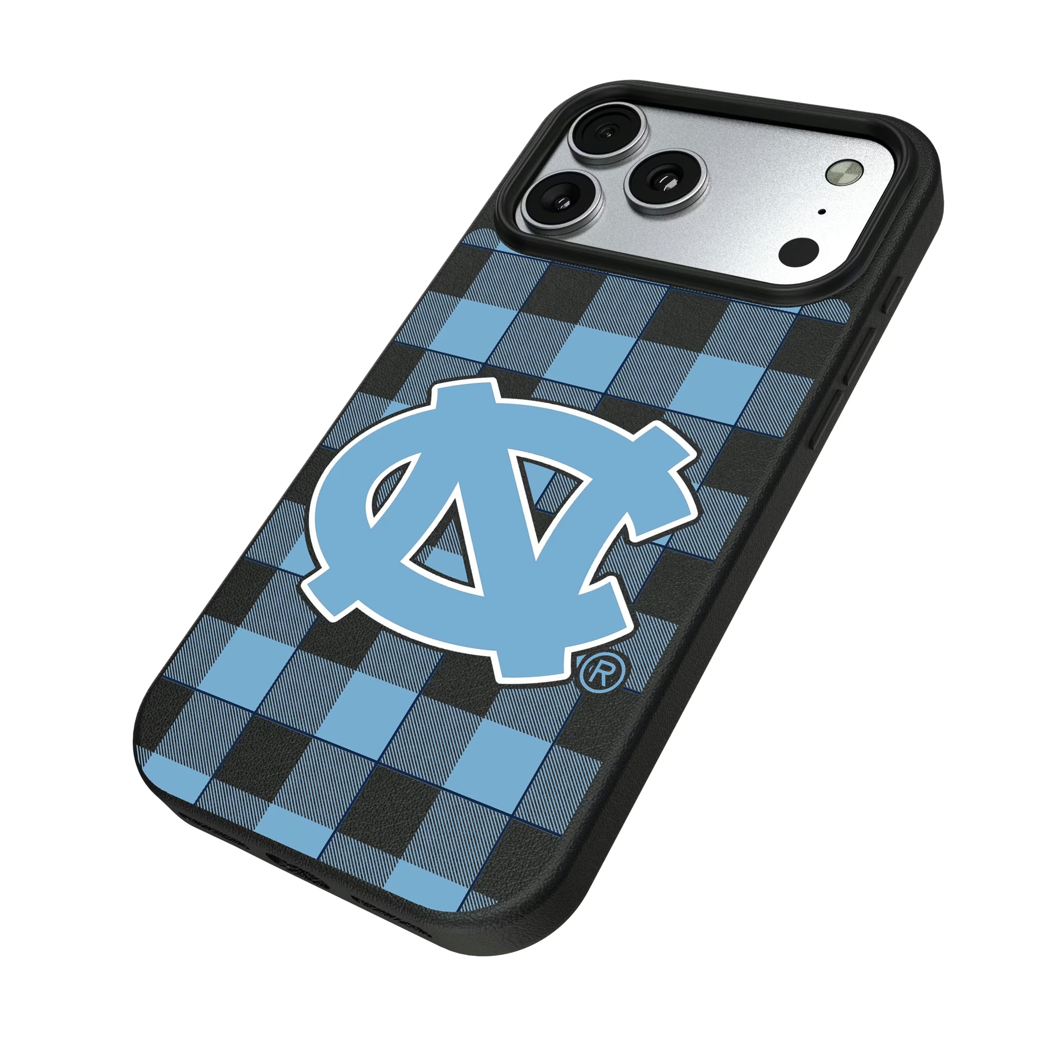 University of North Carolina Tar Heels Plaid iPhone MagSafe Compatible Phone Case for Apple iPhone - Isometric View#Device_iPhone 17 Pro Max