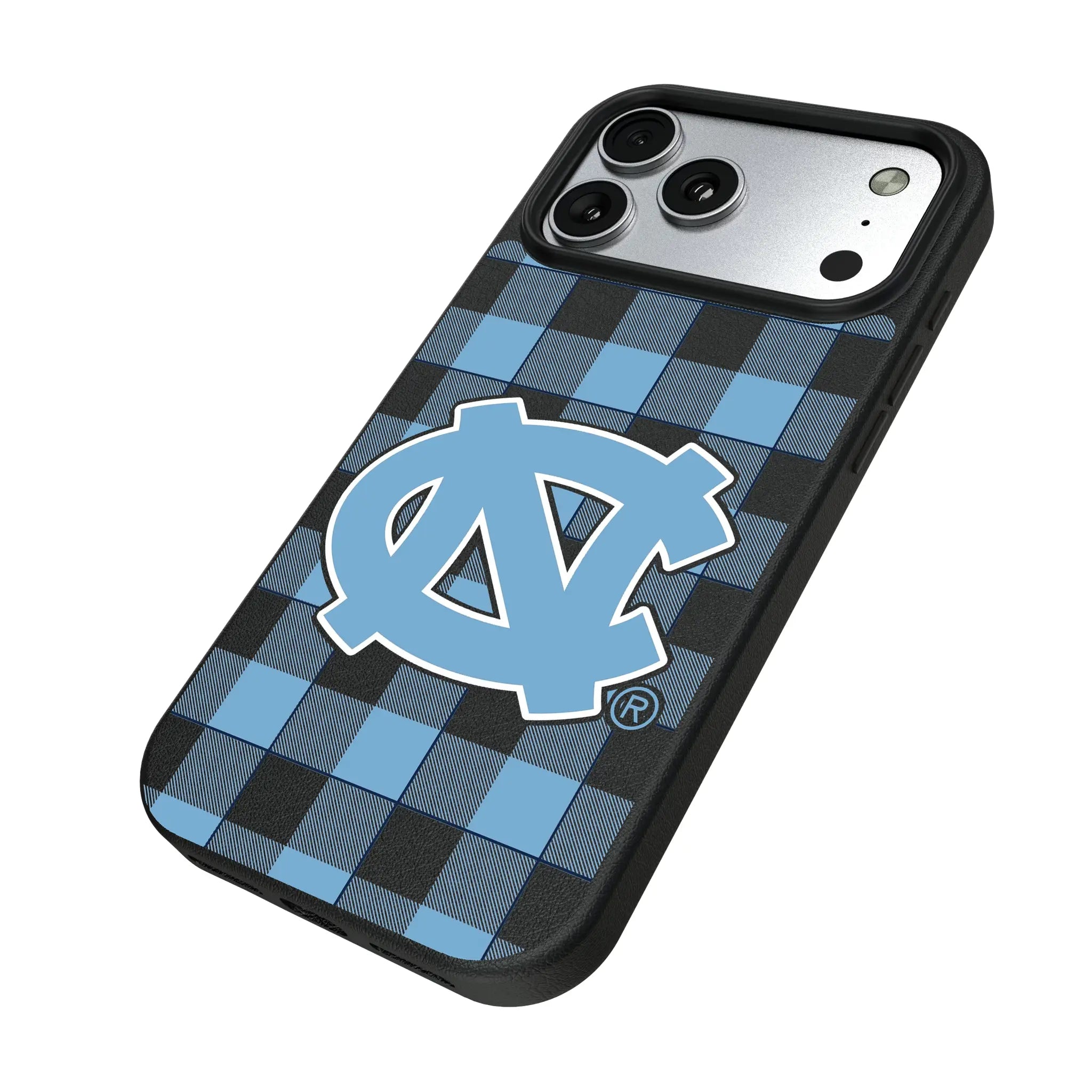 University of North Carolina Tar Heels Plaid iPhone MagSafe Compatible Phone Case for Apple iPhone - Isometric View#Device_iPhone 17 Pro Max