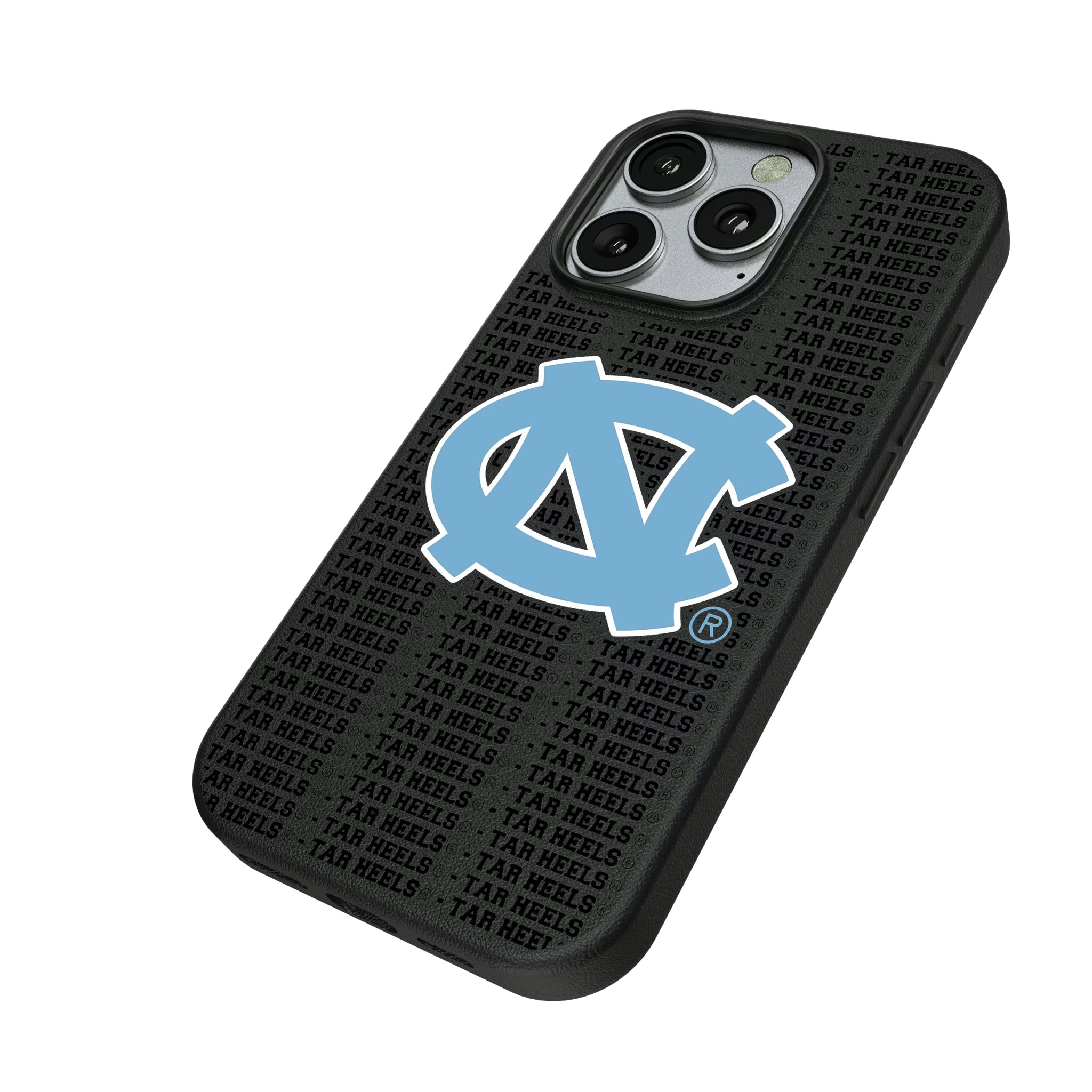 University of North Carolina Tar Heels Text Backdrop iPhone MagSafe Compatible Phone Case for Apple iPhone - Isometric View