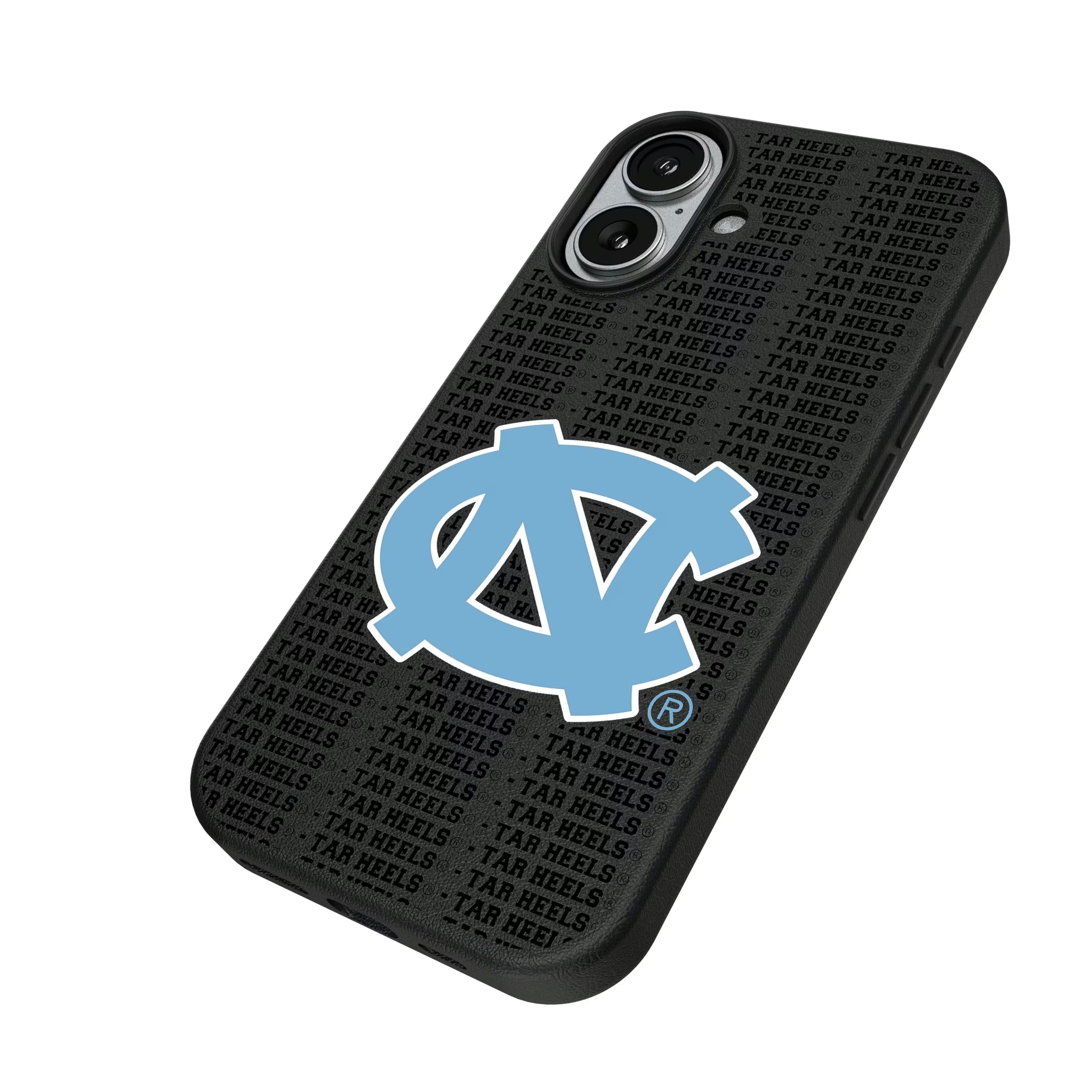University of North Carolina Tar Heels Text Backdrop iPhone MagSafe Compatible Phone Case for Apple iPhone - Isometric View#Device_iPhone 17