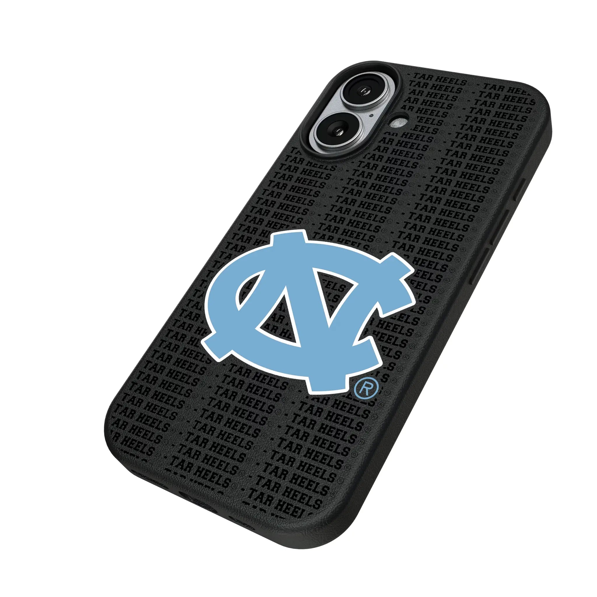 University of North Carolina Tar Heels Text Backdrop iPhone MagSafe Compatible Phone Case for Apple iPhone - Isometric View#Device_iPhone 17