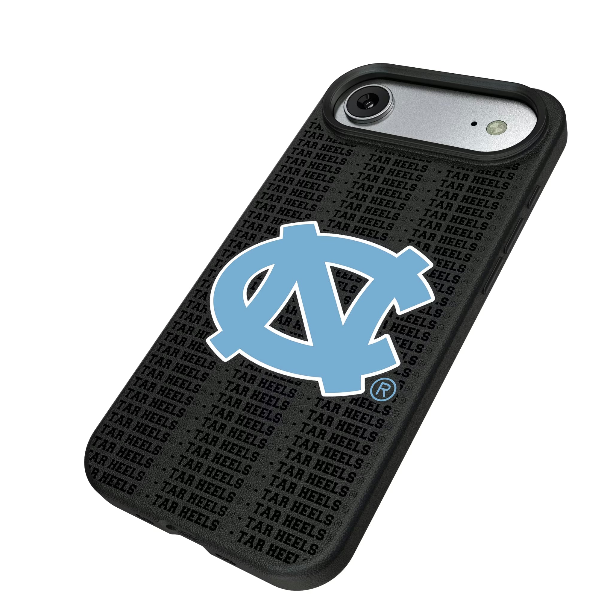 University of North Carolina Tar Heels Text Backdrop iPhone MagSafe Compatible Phone Case for Apple iPhone - Isometric View#Device_iPhone Air