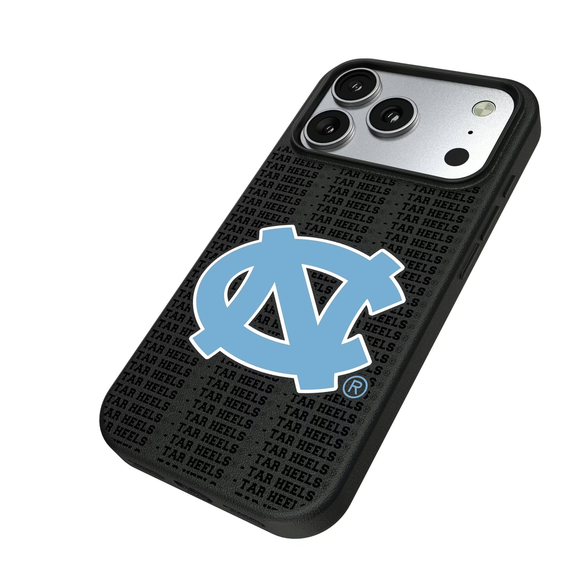 University of North Carolina Tar Heels Text Backdrop iPhone MagSafe Compatible Phone Case for Apple iPhone - Isometric View#Device_iPhone 17 Pro