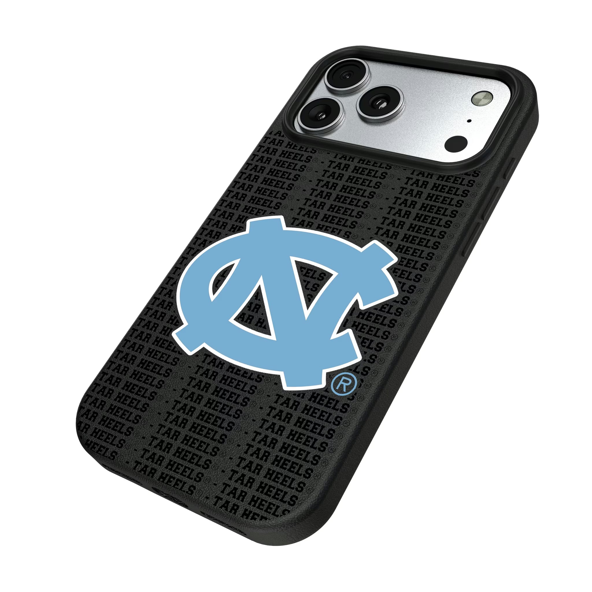 University of North Carolina Tar Heels Text Backdrop iPhone MagSafe Compatible Phone Case for Apple iPhone - Isometric View#Device_iPhone 17 Pro Max