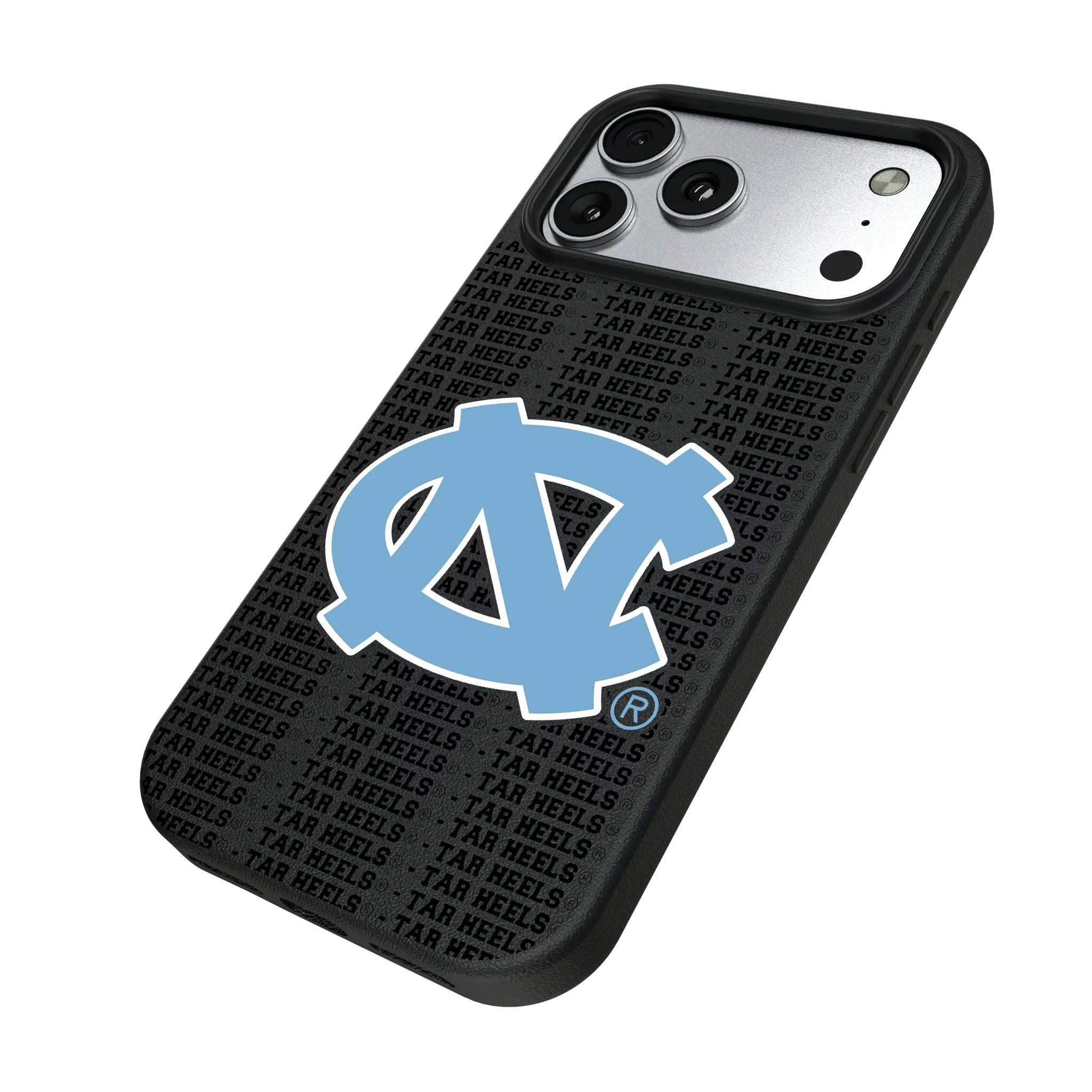 University of North Carolina Tar Heels Text Backdrop iPhone MagSafe Compatible Phone Case for Apple iPhone - Isometric View#Device_iPhone 17 Pro Max
